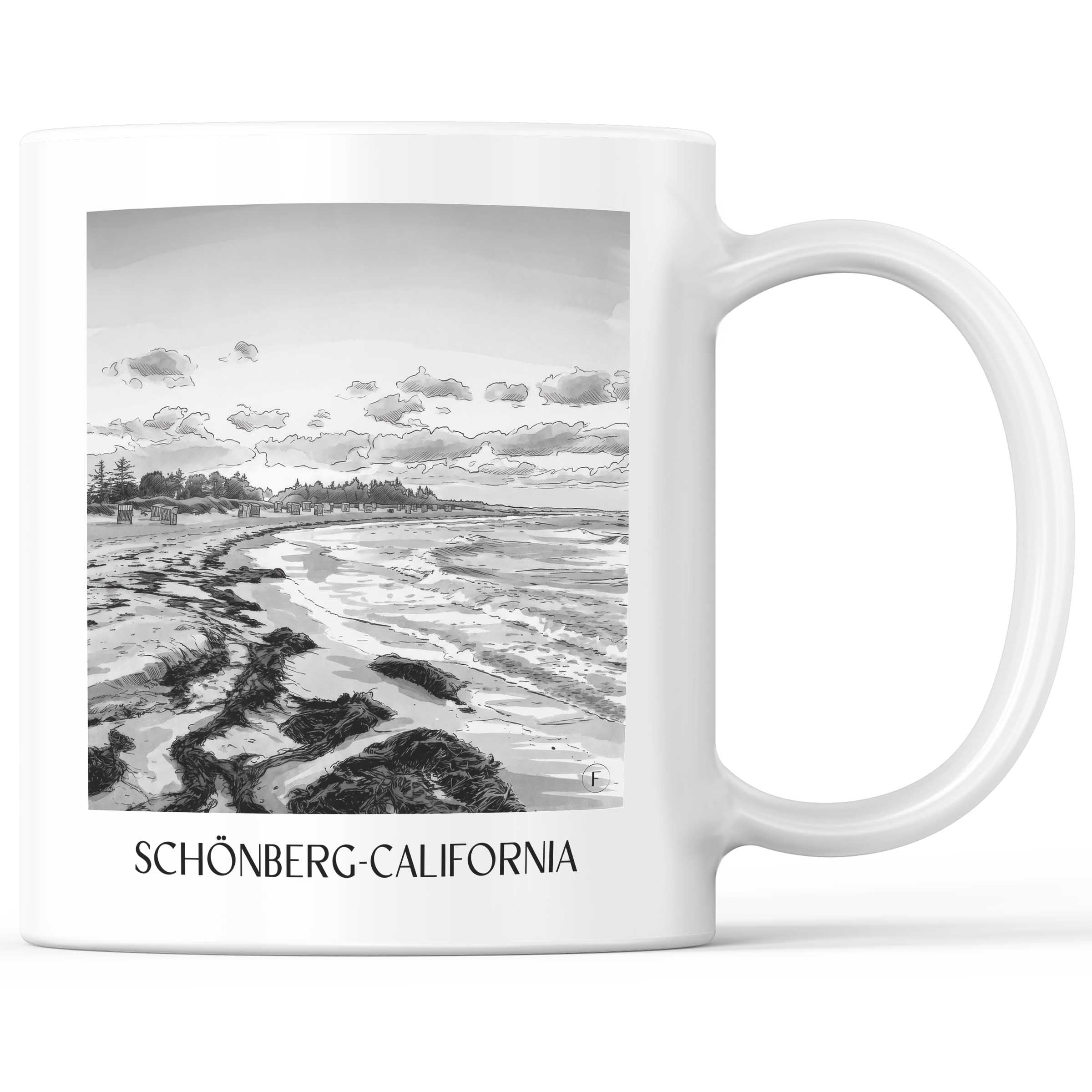 Schönberg-Kalifornien Kaffeebecher - Schleswig-Holstein - Deutschland Becher - Kaffeetasse im Aquarell Schwarz-Weiß Stil