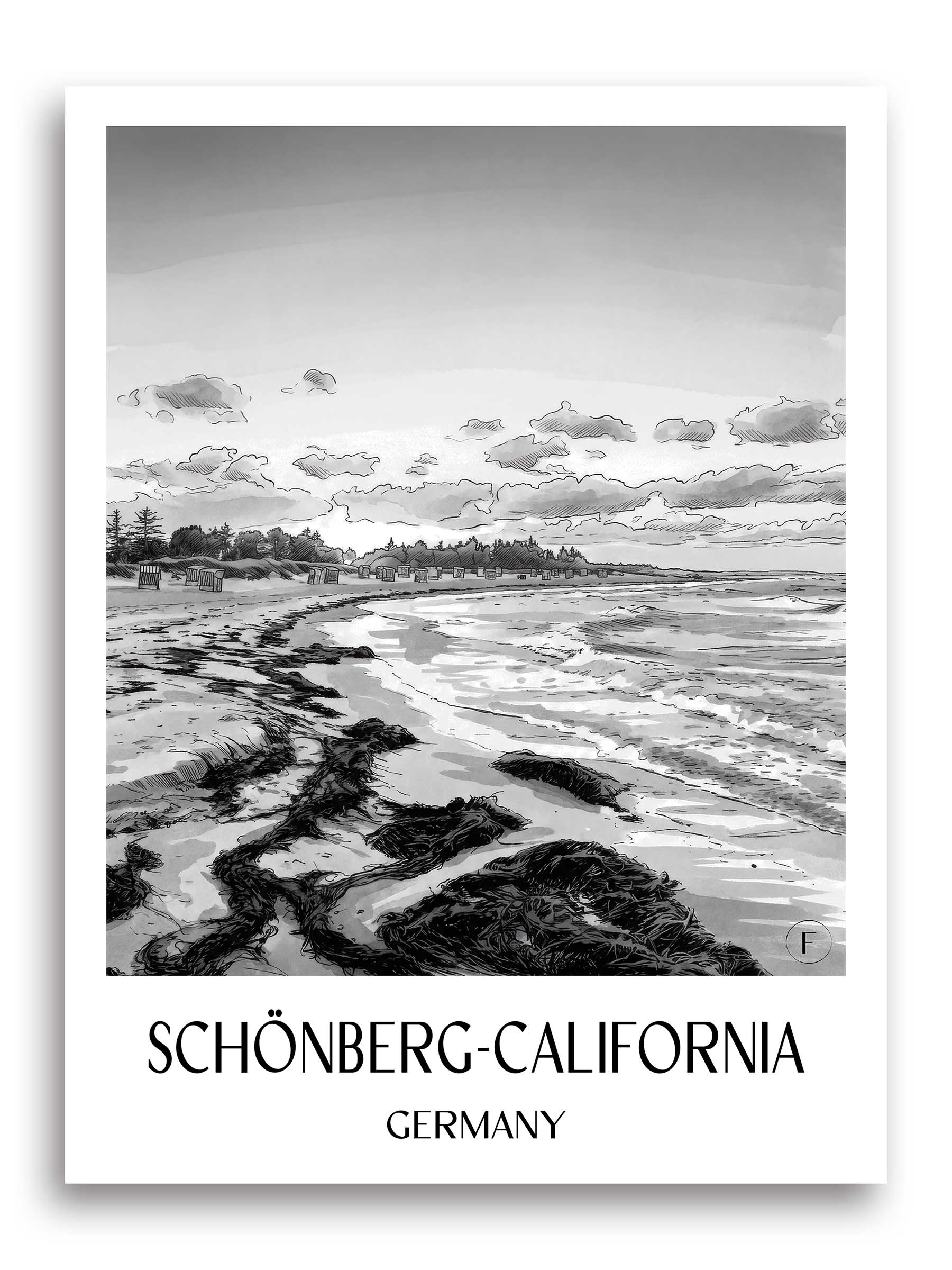 Schoenberg-California Poster - Schleswig-Holstein - Germany Art Print - Watercolor Black and White from A4 to A1