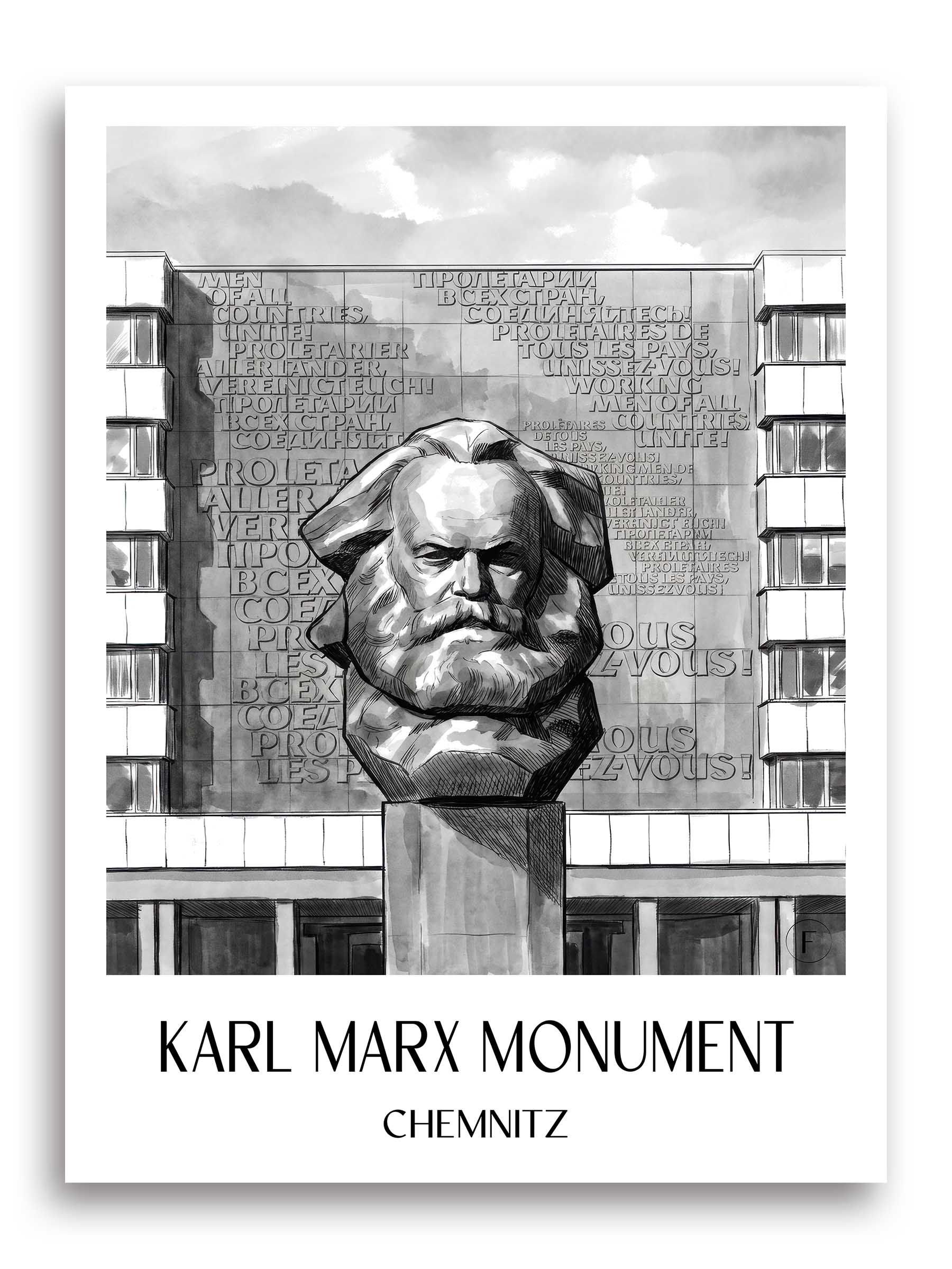 Karl-Marx-Monument Poster - Chemnitz - Deutschland Kunstdruck - Aquarell Schwarz-Weiß von A4 bis A1