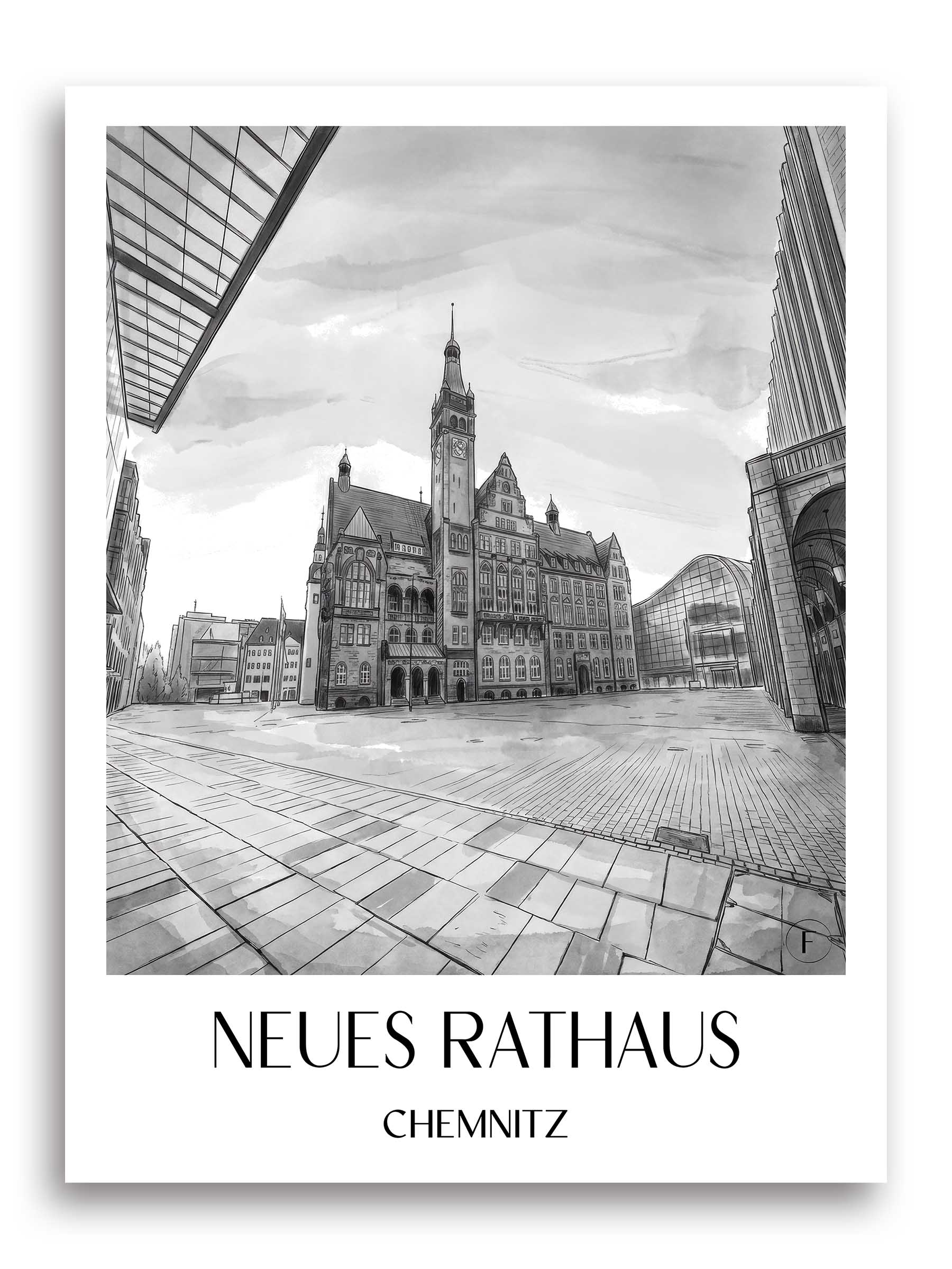 neues-rathaus-chemnitz-deutschland-poster-aquarell-schwarz-weiss