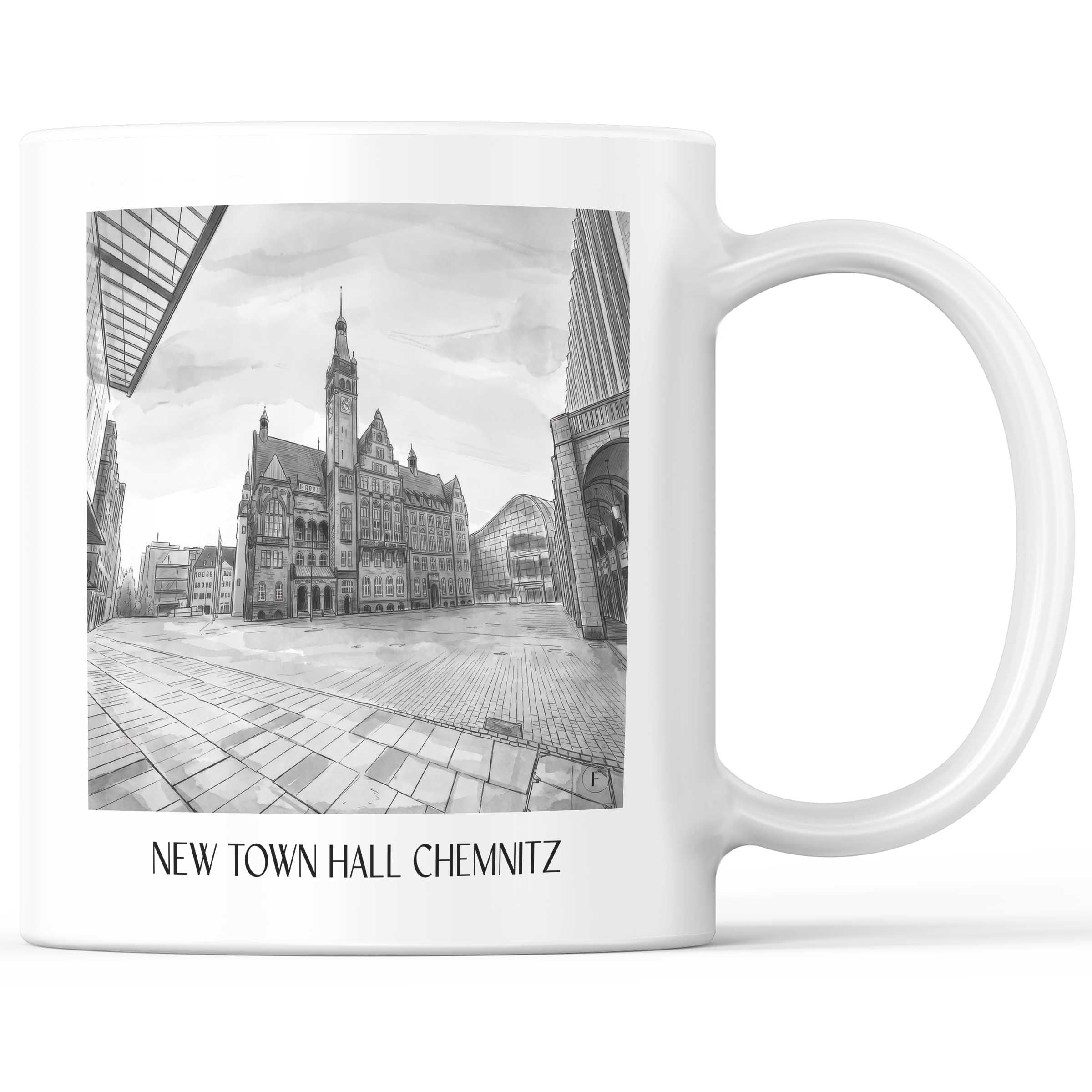 Neues Rathaus Kaffeebecher - Chemnitz - Deutschland Becher - Kaffeetasse im Aquarell Schwarz-Weiß Stil