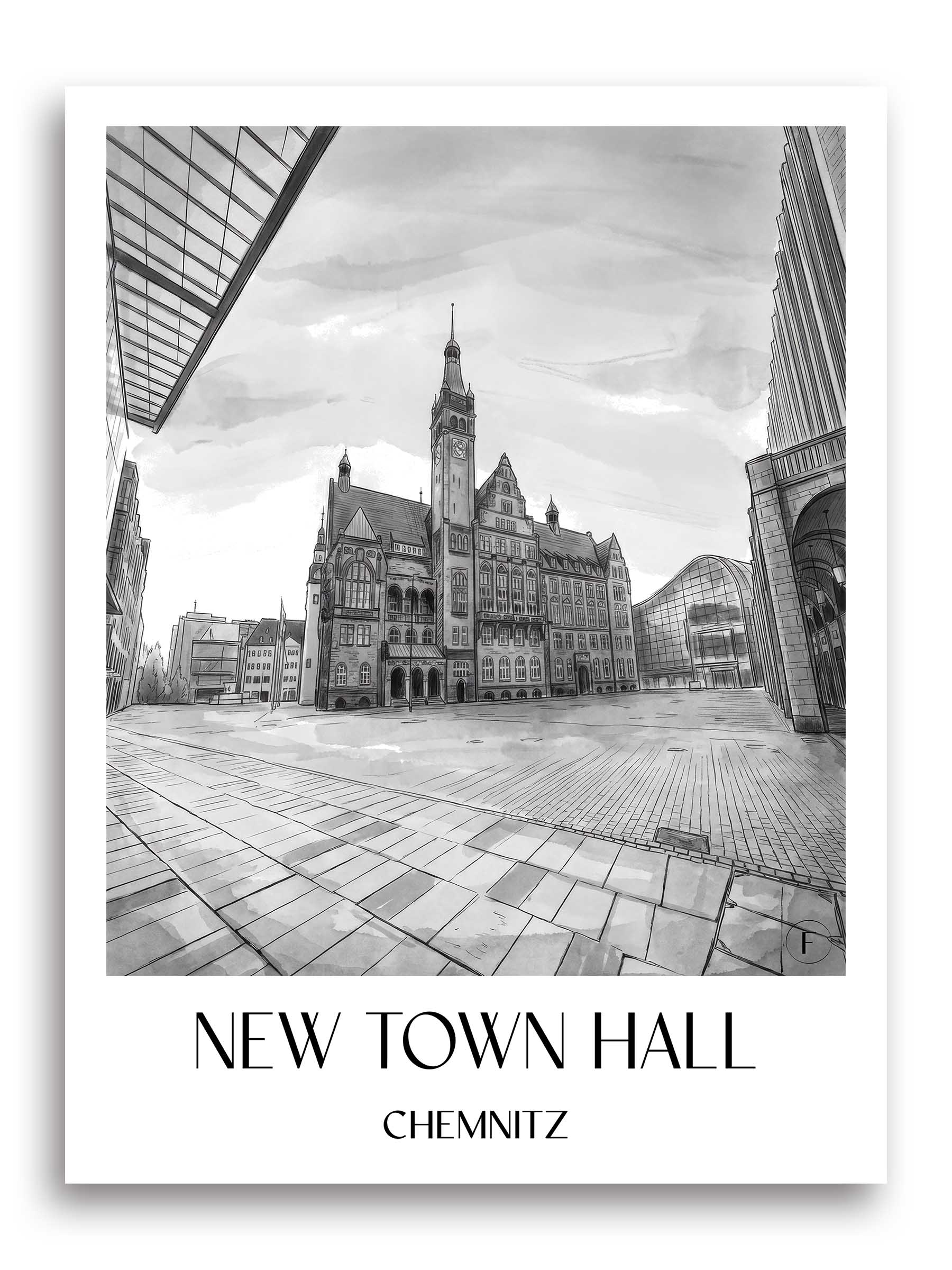 Neues Rathaus Poster - Chemnitz - Deutschland Kunstdruck - Aquarell Schwarz-Weiß von A4 bis A1