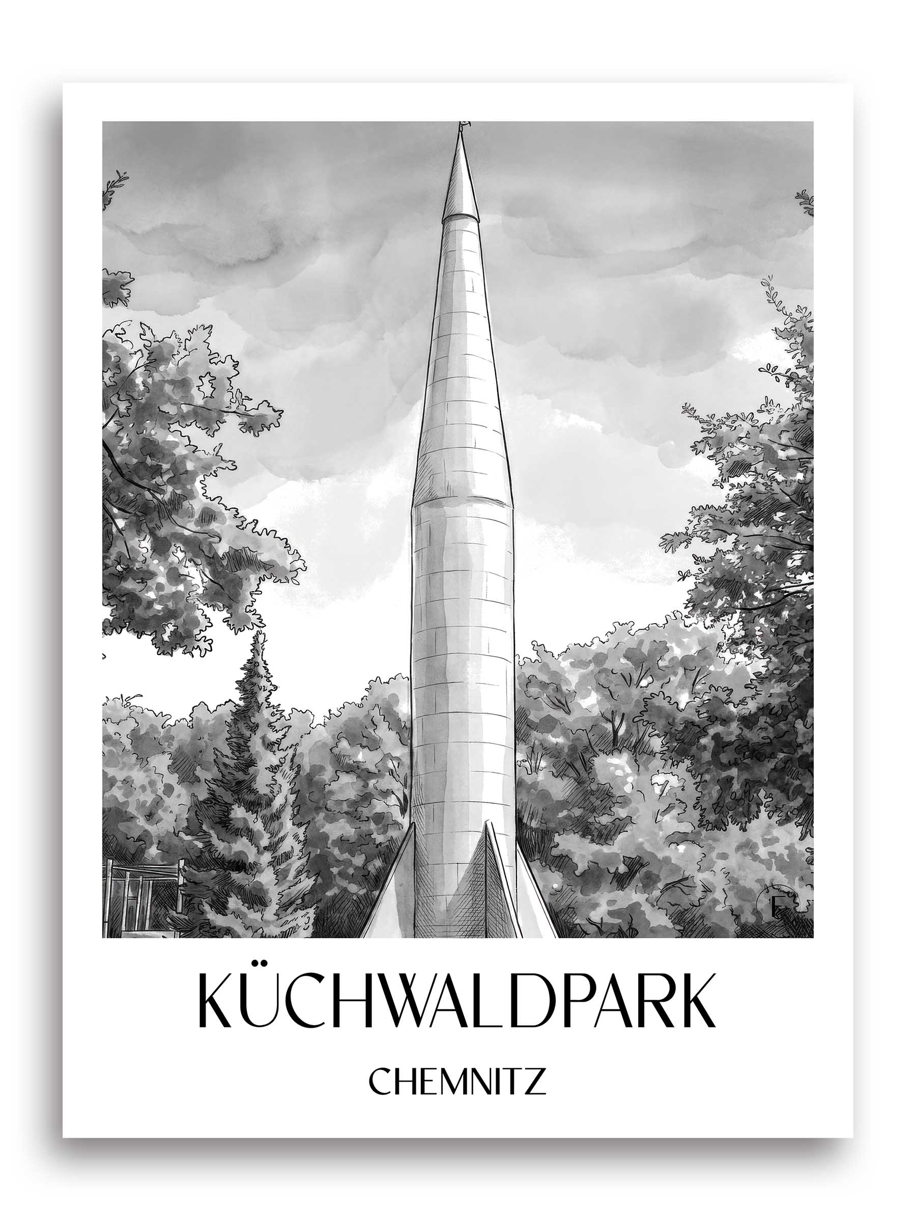 Küchwaldpark Poster - Chemnitz - Deutschland Kunstdruck - Aquarell Schwarz-Weiß von A4 bis A1