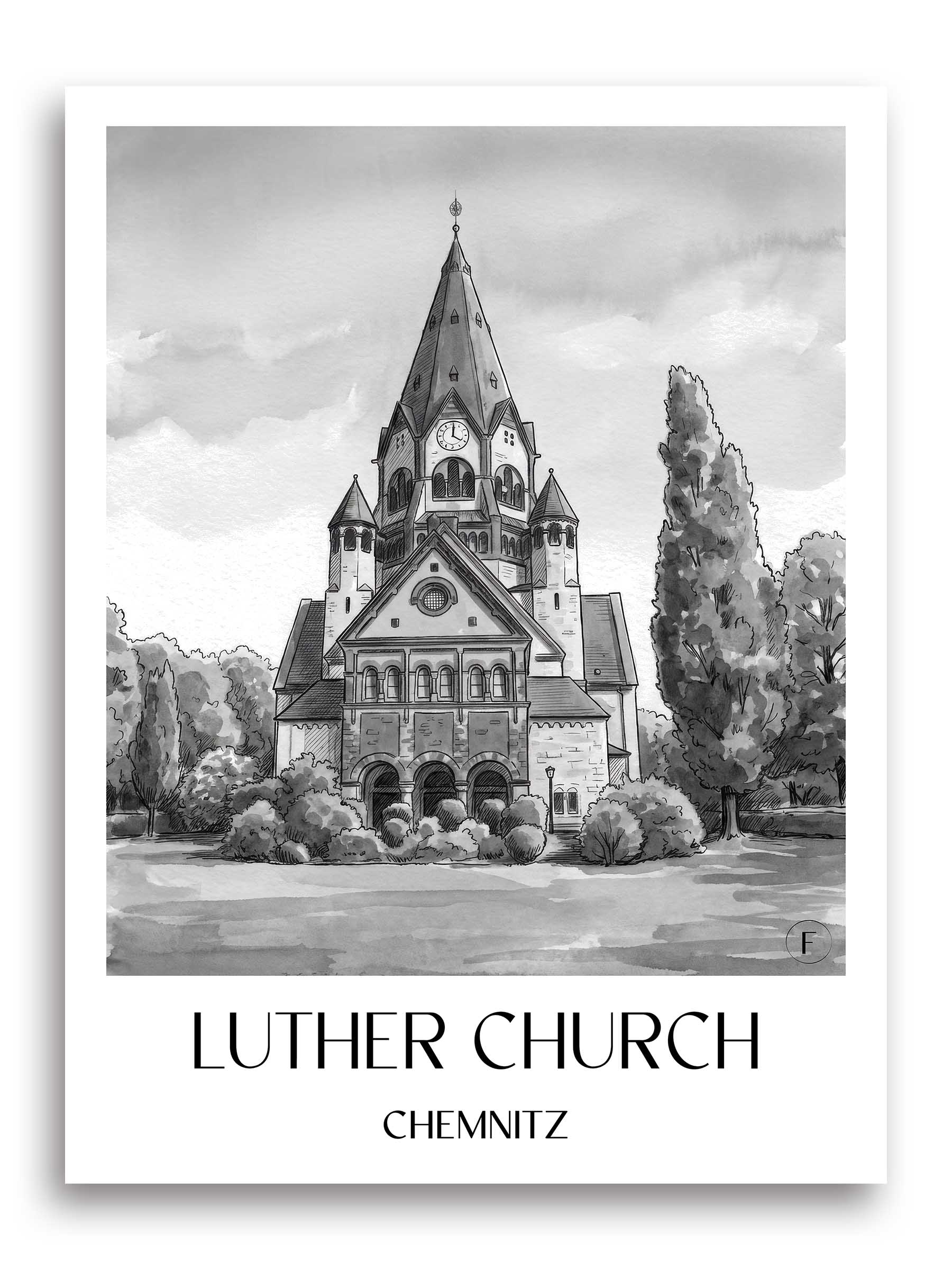 Lutherkirche Poster - Chemnitz - Deutschland Kunstdruck - Aquarell Schwarz-Weiß von A4 bis A1