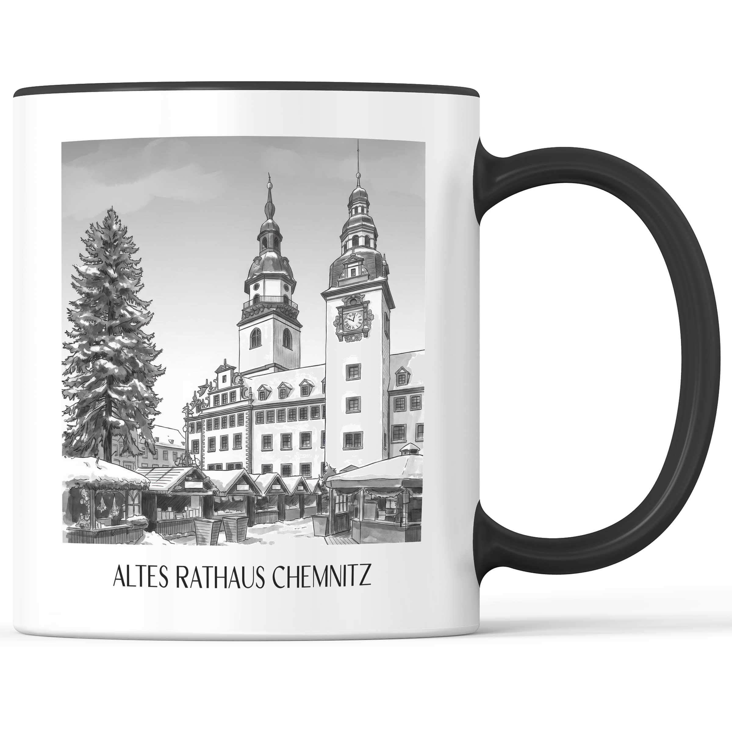 altes-rathaus-chemnitz-deutschland-kaffeebecher-aquarell-schwarz-weiss