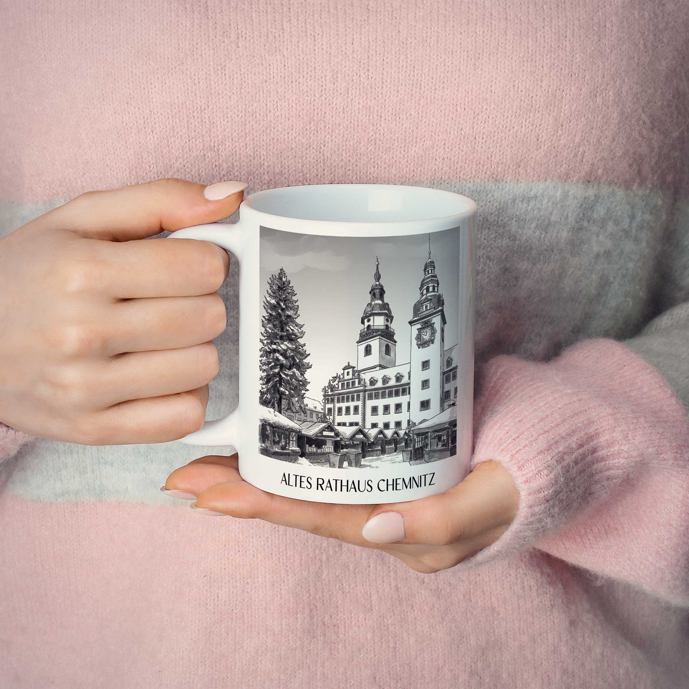 altes-rathaus-chemnitz-deutschland-kaffeebecher-aquarell-schwarz-weiss
