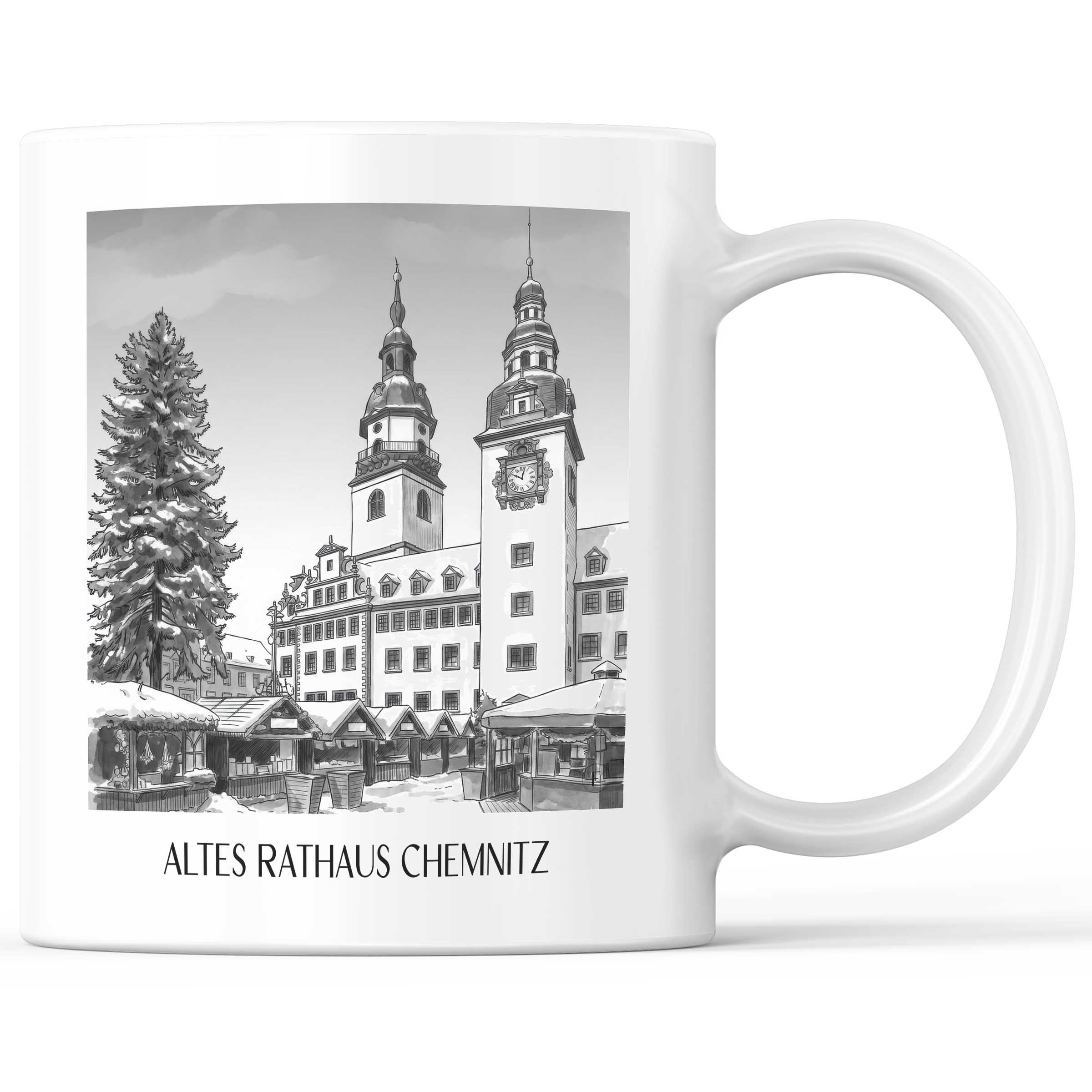 altes-rathaus-chemnitz-deutschland-kaffeebecher-aquarell-schwarz-weiss