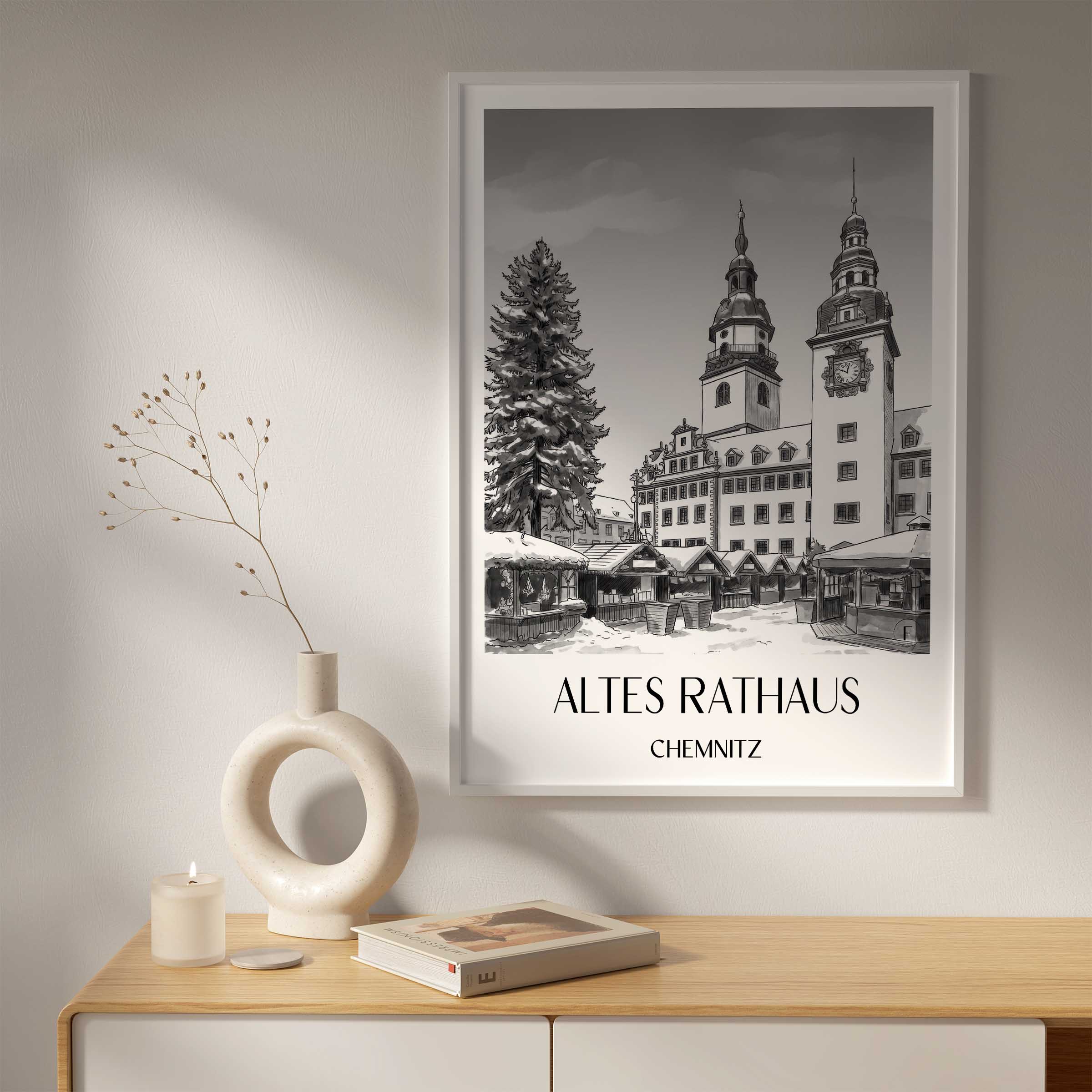 altes-rathaus-chemnitz-deutschland-poster-aquarell-schwarz-weiss