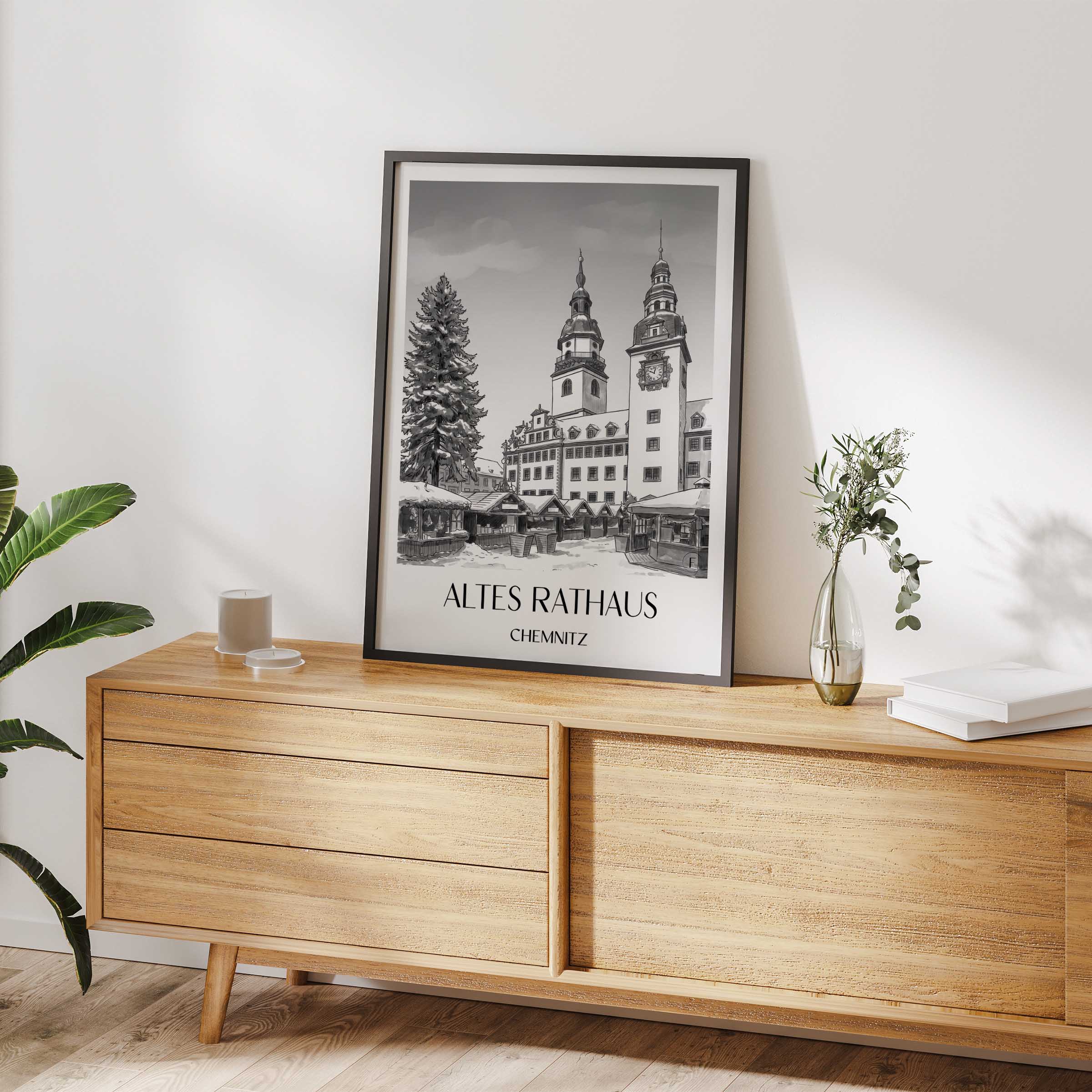 altes-rathaus-chemnitz-deutschland-poster-aquarell-schwarz-weiss