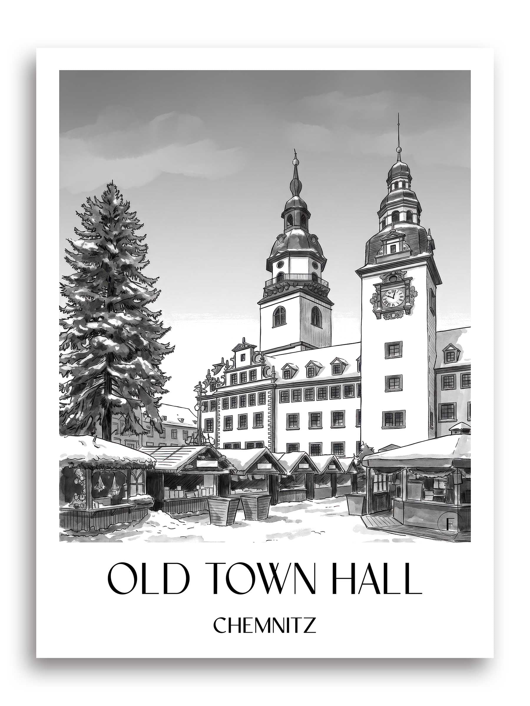 Altes Rathaus Poster - Chemnitz - Deutschland Kunstdruck - Aquarell Schwarz-Weiß von A4 bis A1