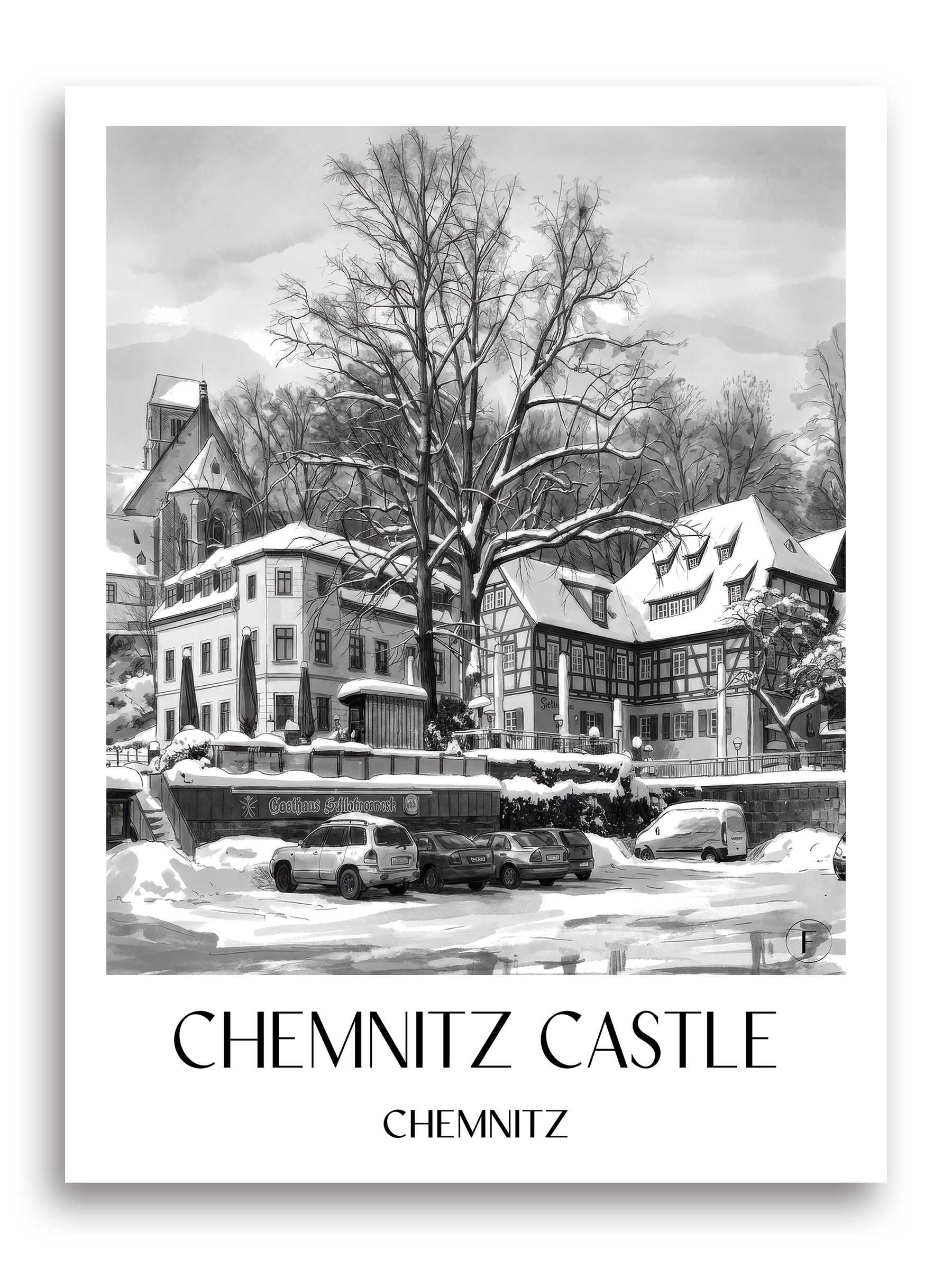 Schloßchemnitz Poster - Chemnitz - Deutschland Kunstdruck - Aquarell Schwarz-Weiß von A4 bis A1