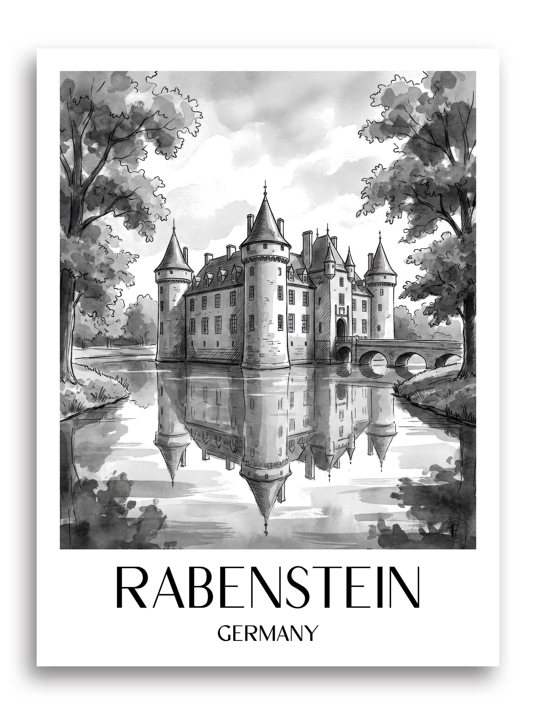 Rabenstein Poster - Erzgebirge - Deutschland Kunstdruck - Aquarell Schwarz-Weiß von A4 bis A1