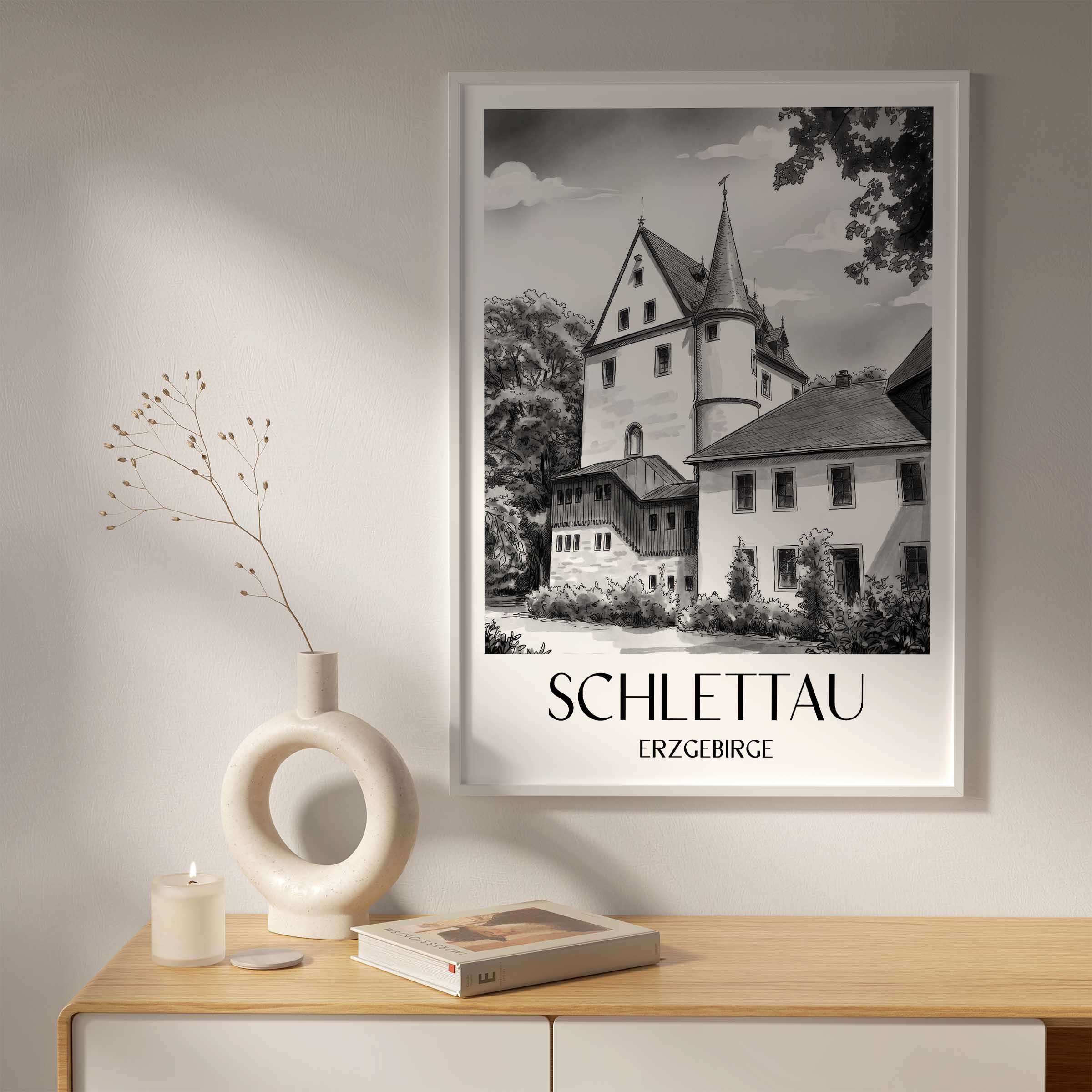 schlettau-erzgebirge-deutschland-poster-aquarell-schwarz-weiss
