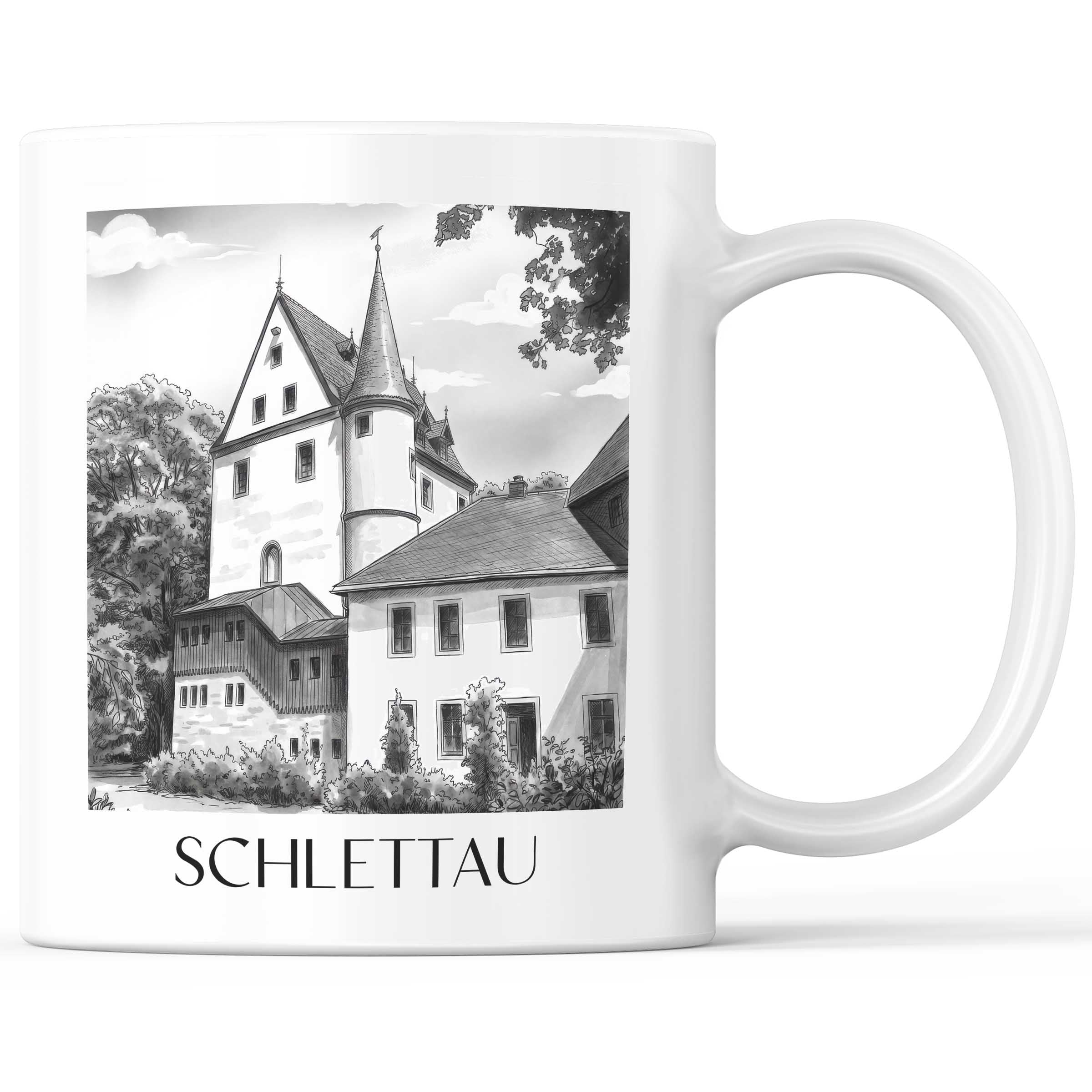 Schlettau Kaffeebecher - Erzgebirge - Deutschland Becher - Kaffeetasse im Aquarell Schwarz-Weiß Stil