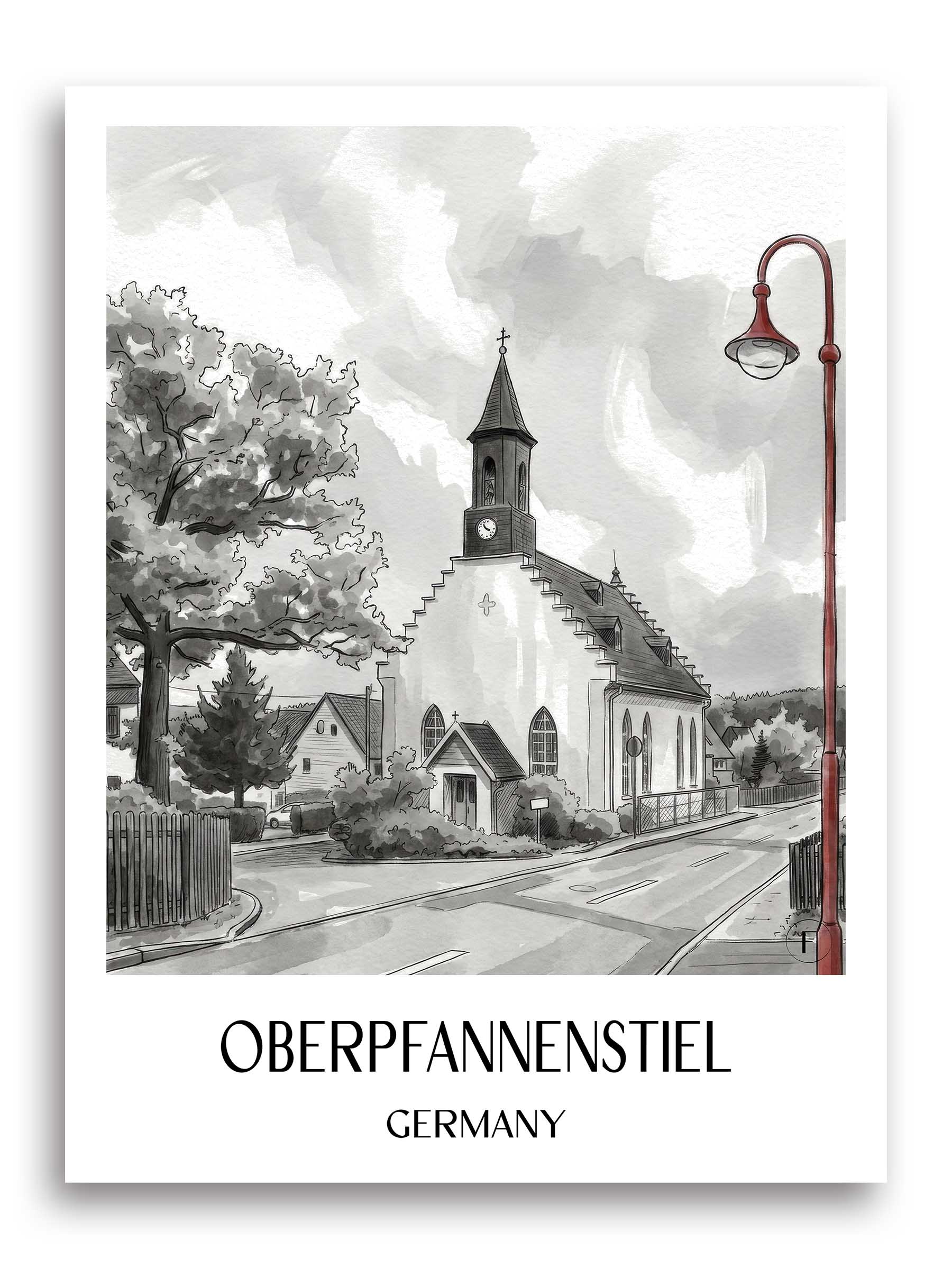 Oberpfannenstiel Poster - Erzgebirge - Deutschland Kunstdruck - Aquarell Schwarz-Weiß von A4 bis A1