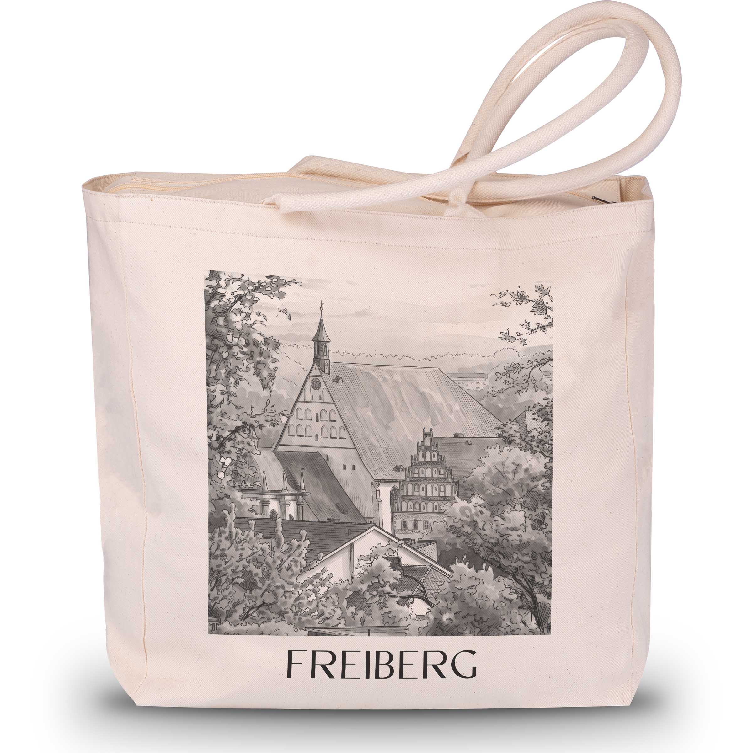 freiberg-erzgebirge-deutschland-einkaufstasche-aquarell-schwarz-weiss