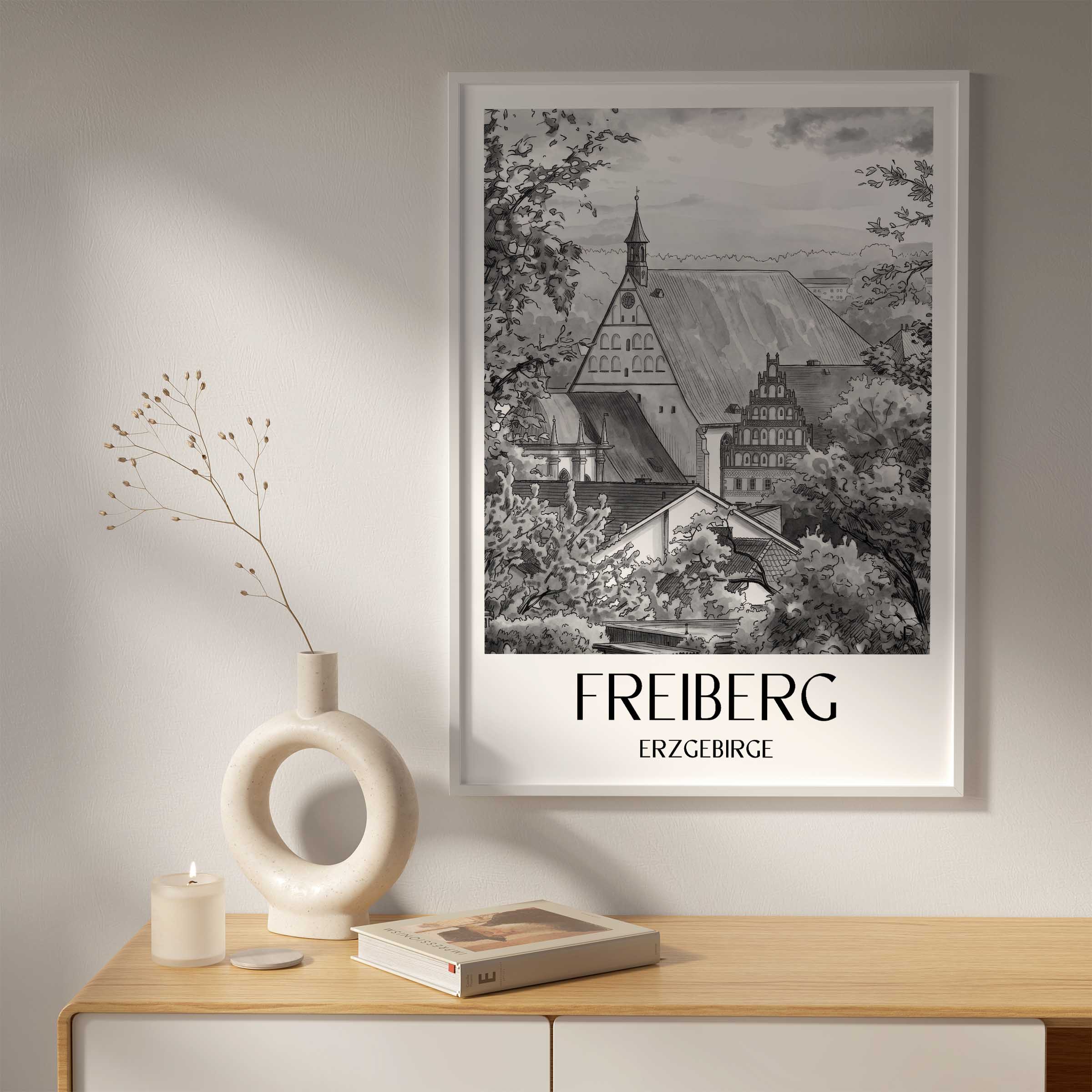 freiberg-erzgebirge-deutschland-poster-aquarell-schwarz-weiss