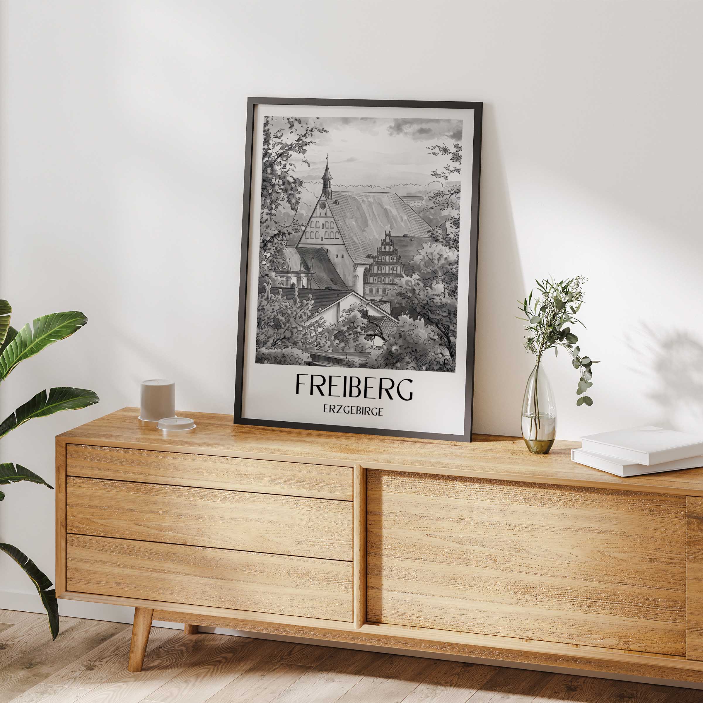 freiberg-erzgebirge-deutschland-poster-aquarell-schwarz-weiss