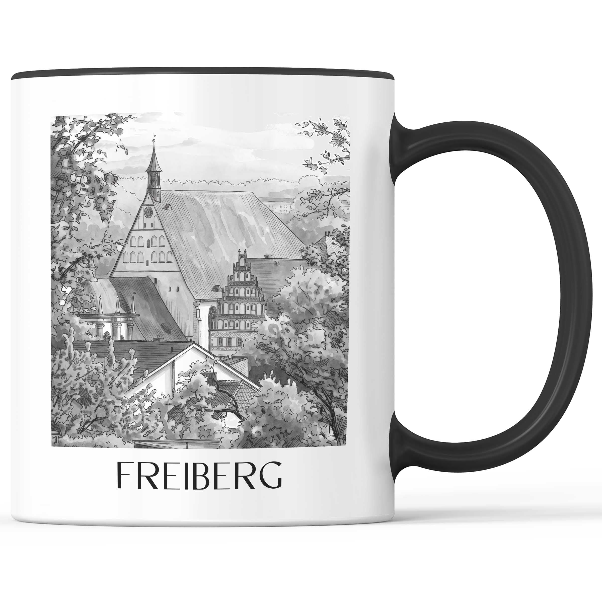 Freiberg Kaffeebecher - Erzgebirge - Deutschland Becher - Kaffeetasse im Aquarell Schwarz-Weiß Stil