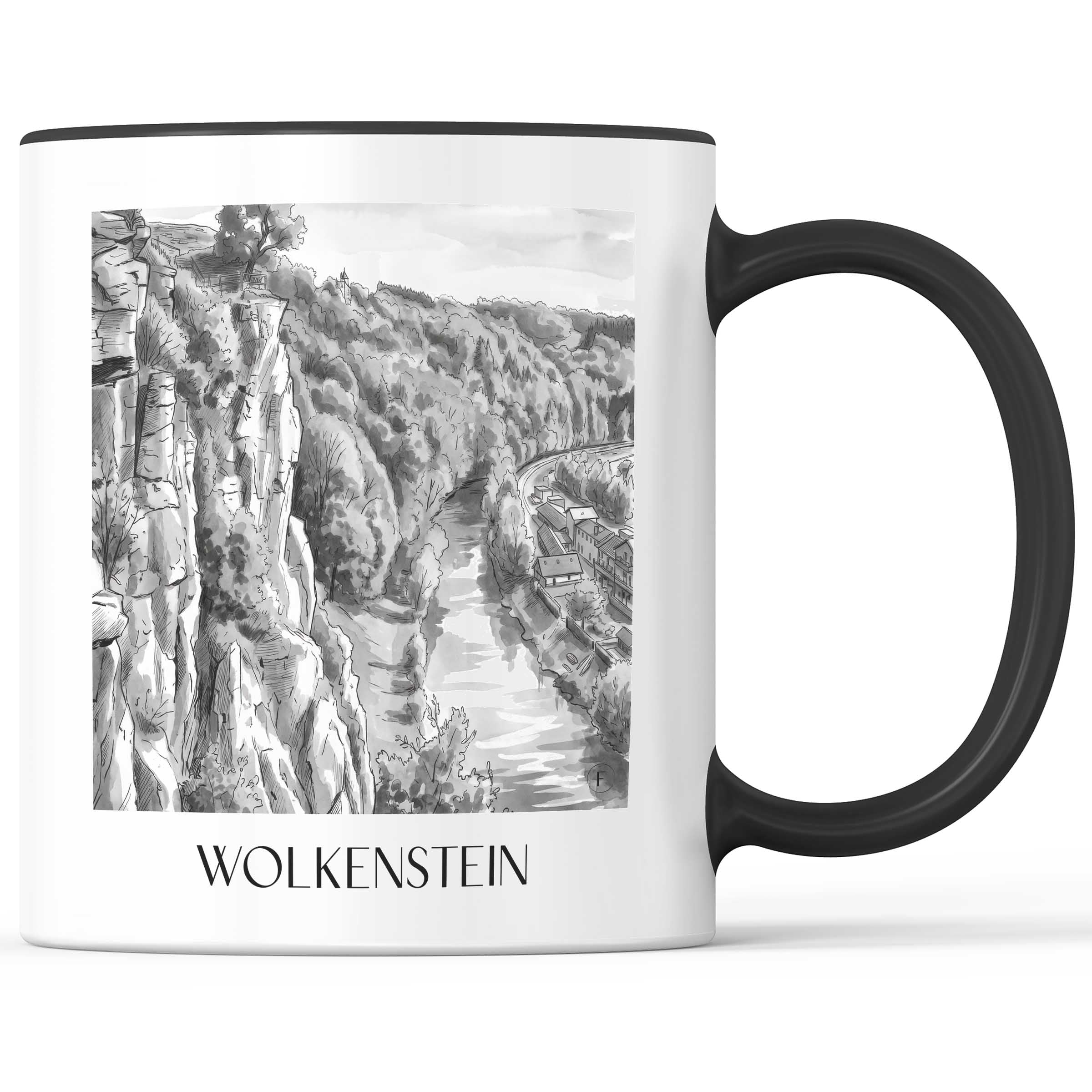 Wolkenstein Kaffeebecher - Erzgebirge - Deutschland Becher - Kaffeetasse im Aquarell Schwarz-Weiß Stil