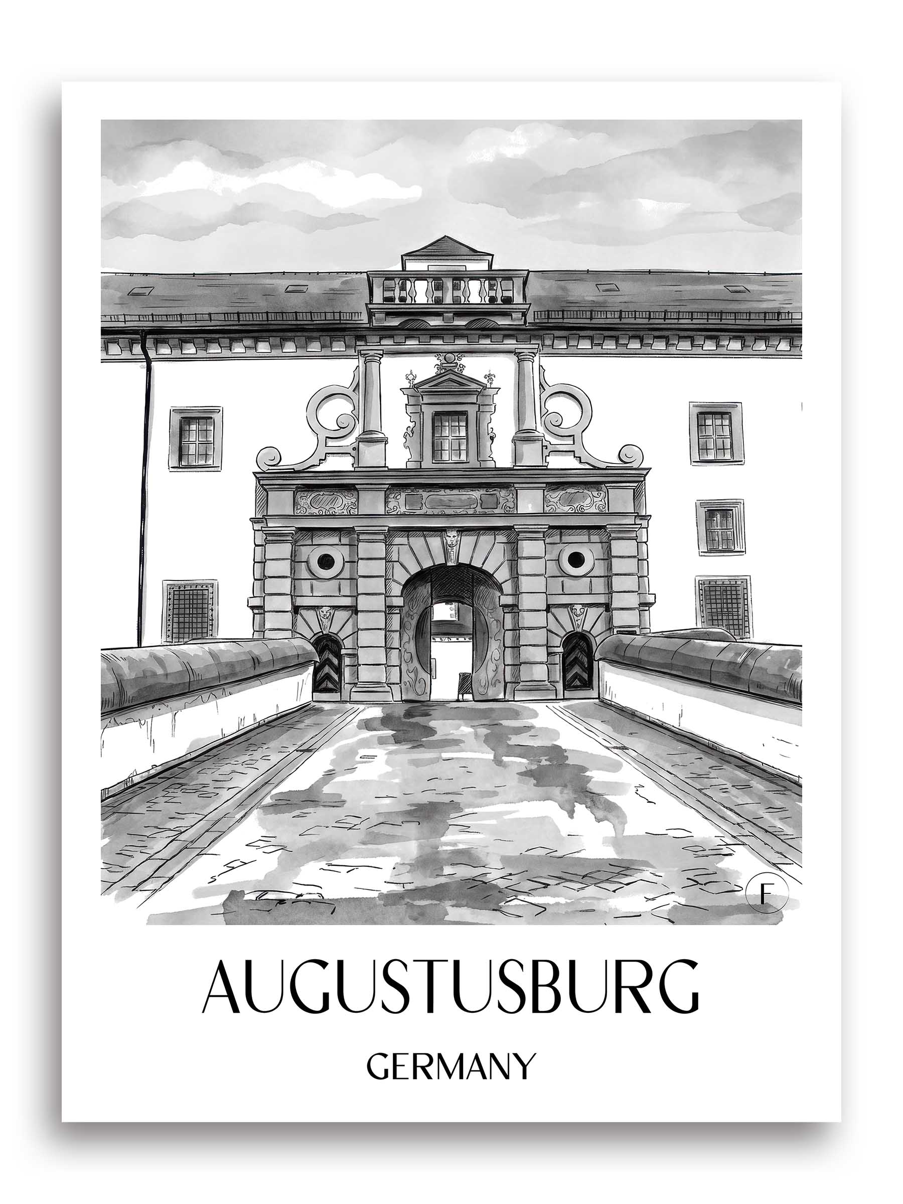 Augustusburg Poster - Erzgebirge - Deutschland Kunstdruck - Aquarell Schwarz-Weiß von A4 bis A1