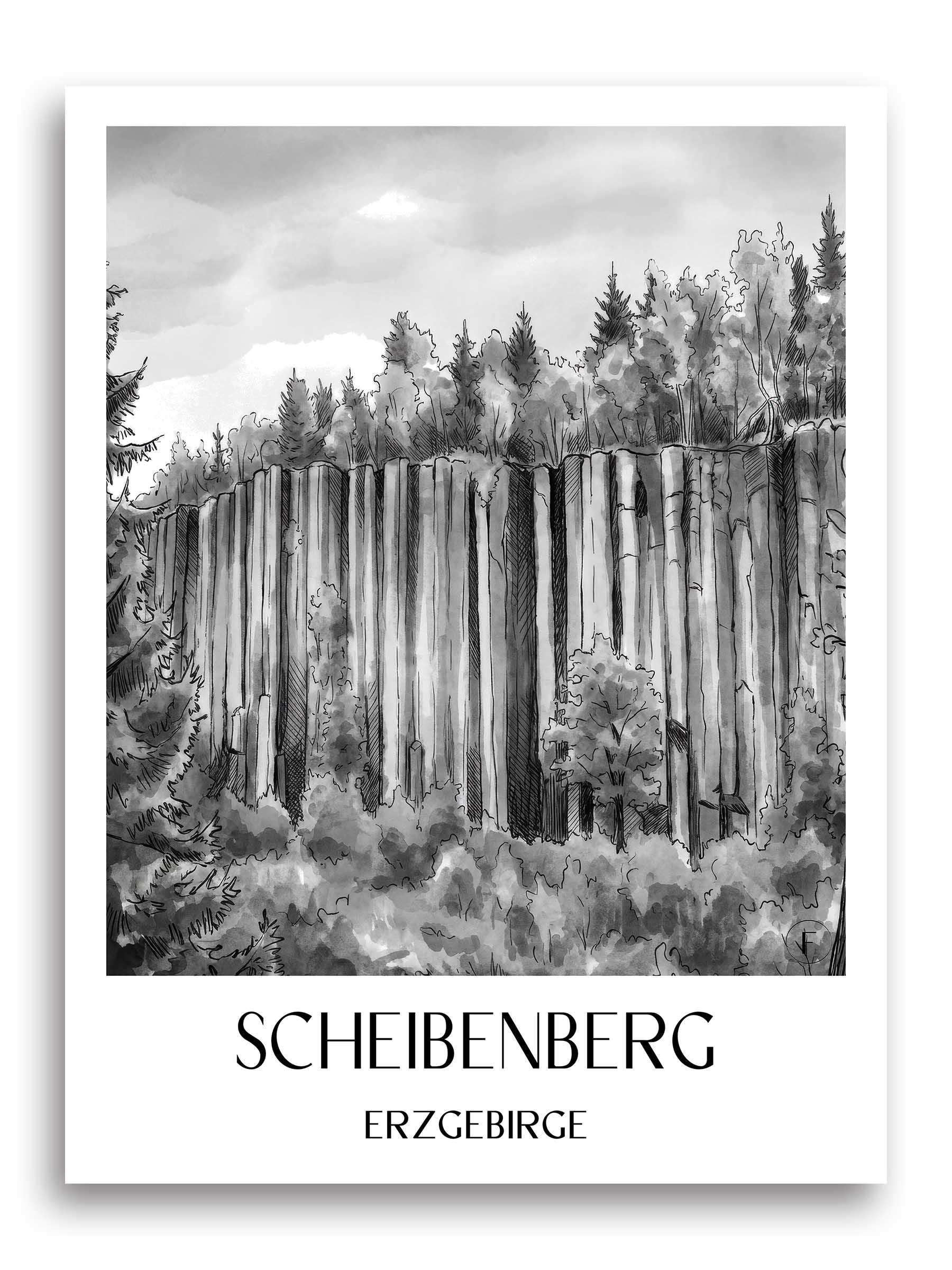 scheibenberg-erzgebirge-deutschland-poster-aquarell-schwarz-weiss