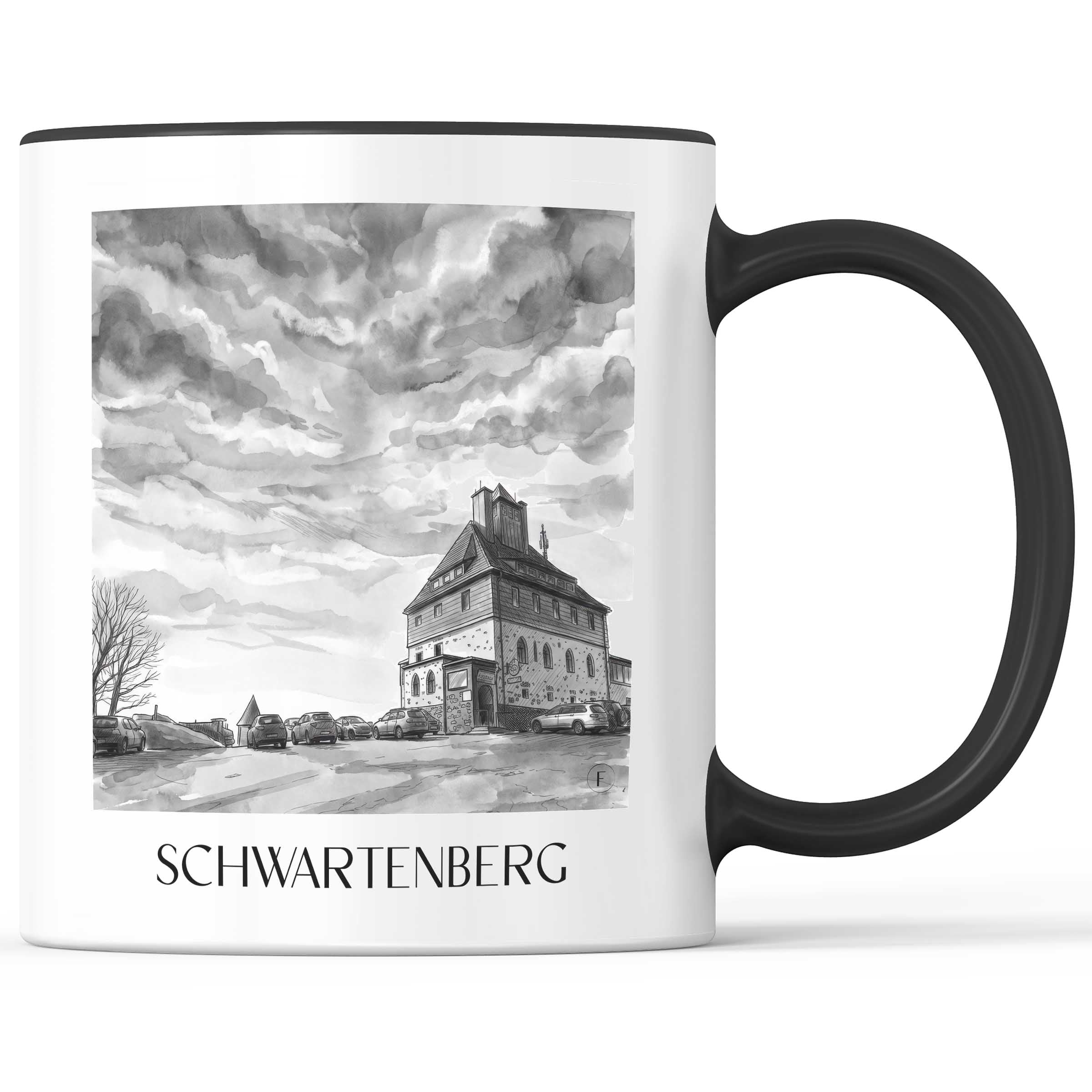 schwartenberg-erzgebirge-deutschland-kaffeebecher-aquarell-schwarz-weiss