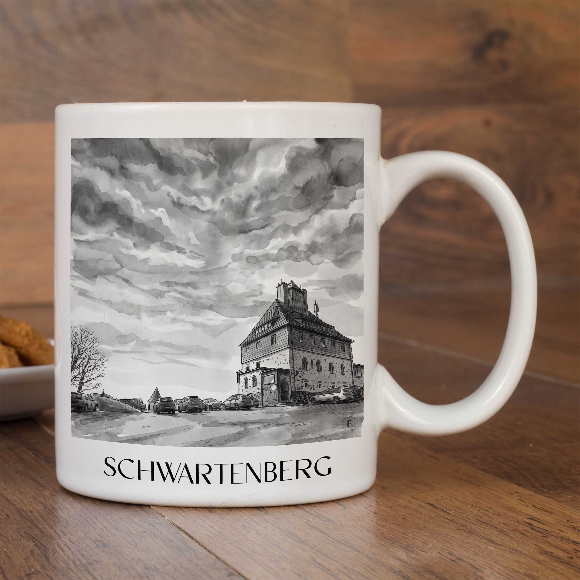 schwartenberg-erzgebirge-deutschland-kaffeebecher-aquarell-schwarz-weiss