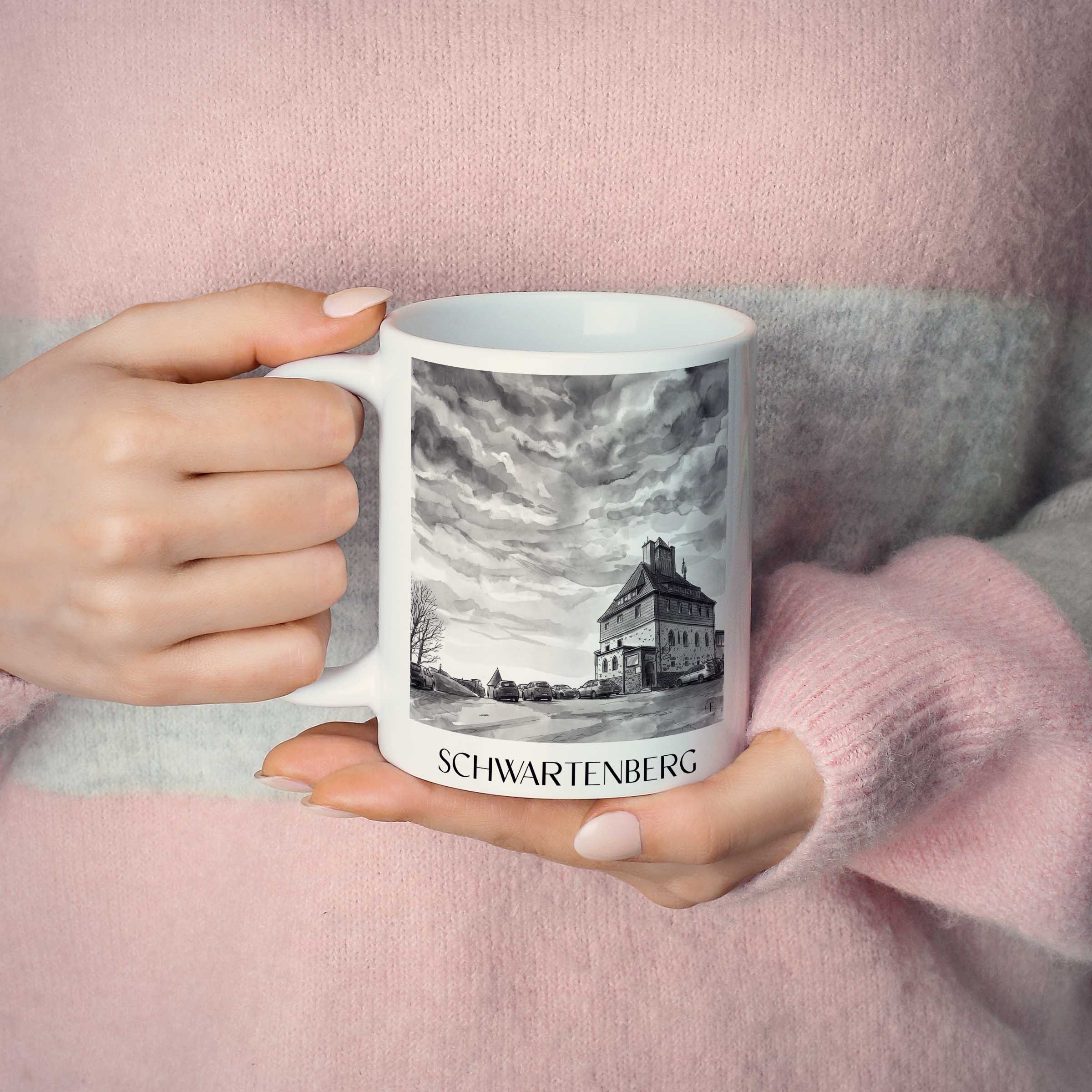 schwartenberg-erzgebirge-deutschland-kaffeebecher-aquarell-schwarz-weiss