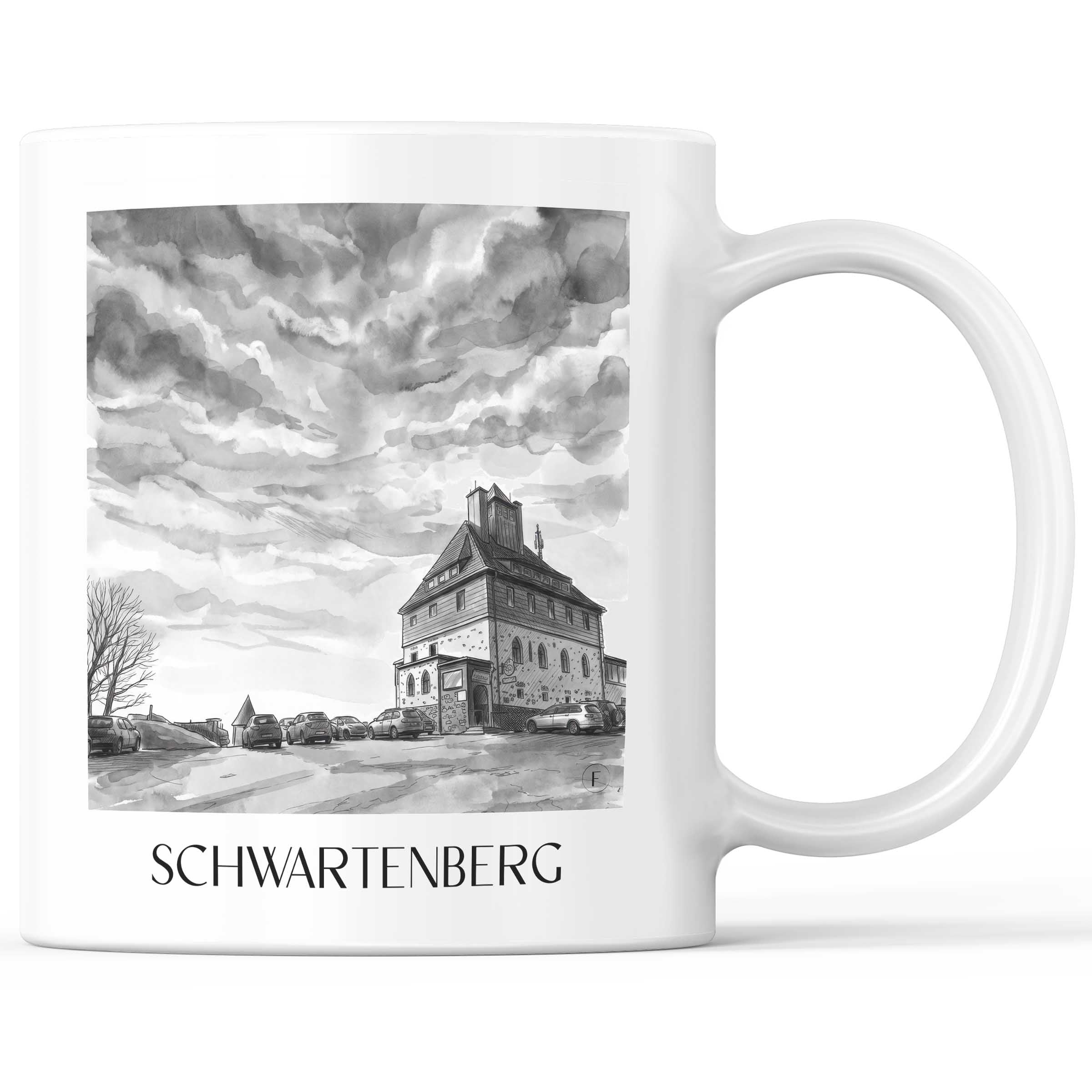 schwartenberg-erzgebirge-deutschland-kaffeebecher-aquarell-schwarz-weiss