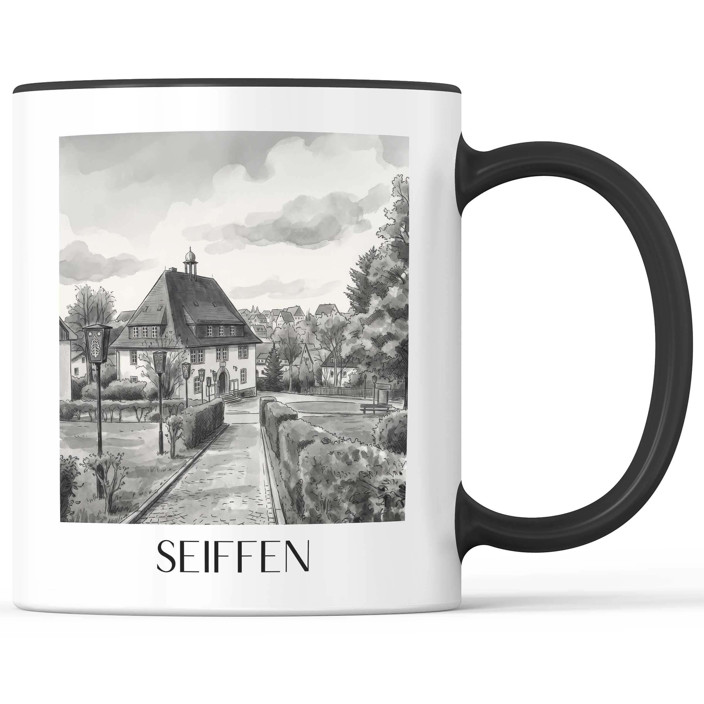 Seiffen Kaffeebecher - Erzgebirge - Deutschland Becher - Kaffeetasse im Aquarell Schwarz-Weiß Stil
