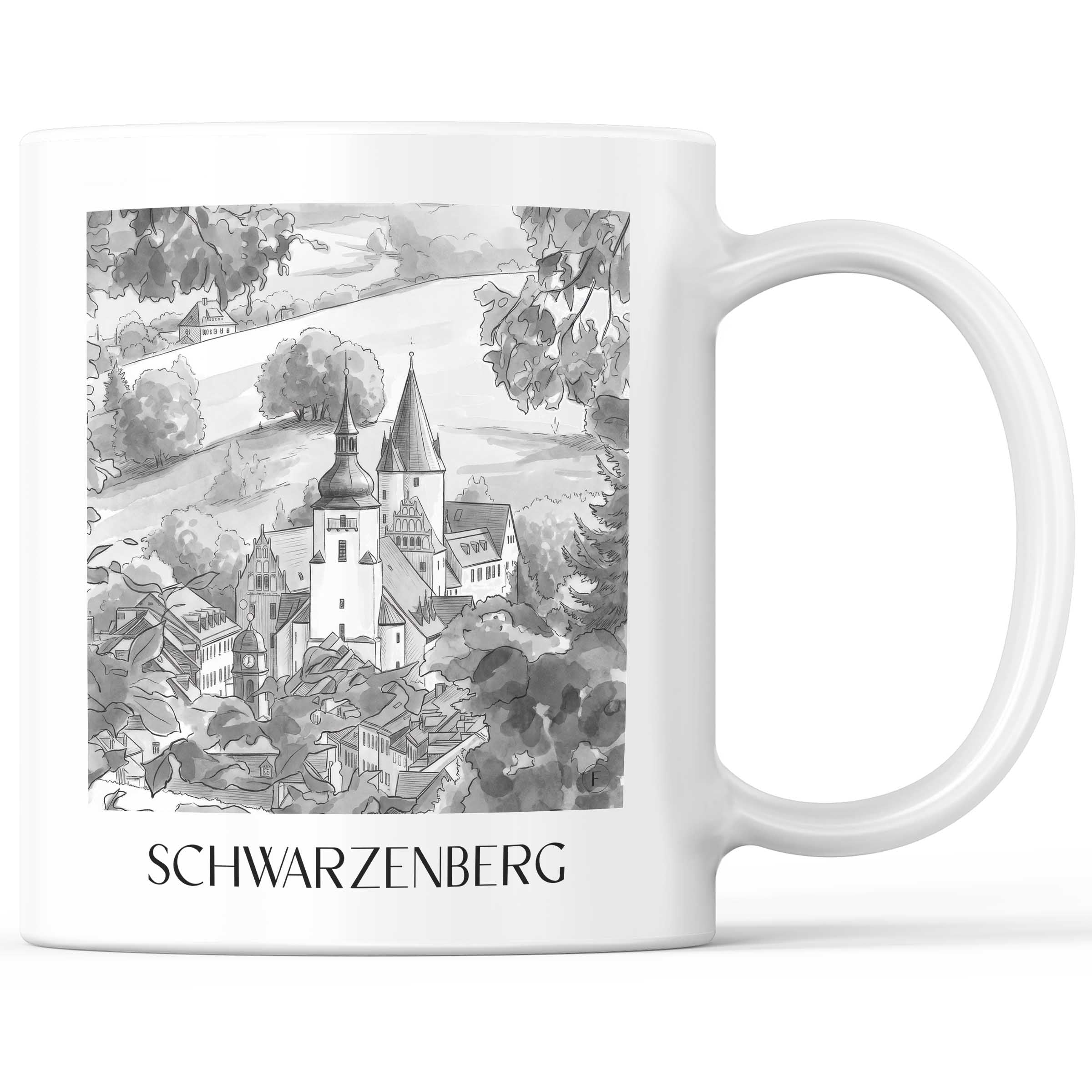 Schwarzenberg Kaffeebecher - Erzgebirge - Deutschland Becher - Kaffeetasse im Aquarell Schwarz-Weiß Stil