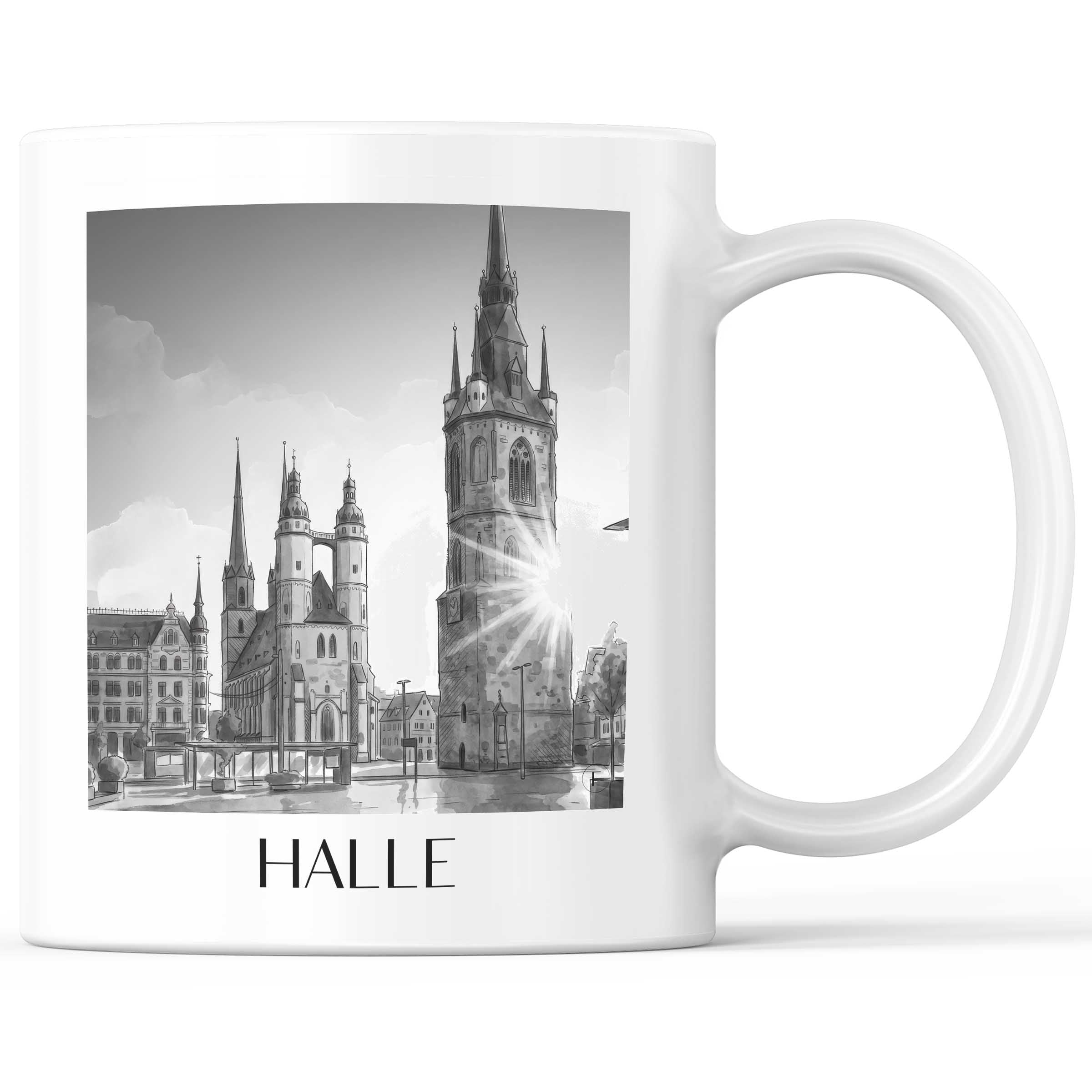 Halle Kaffeebecher - Sachsen-Anhalt - Deutschland Becher - Kaffeetasse im Aquarell Schwarz-Weiß Stil