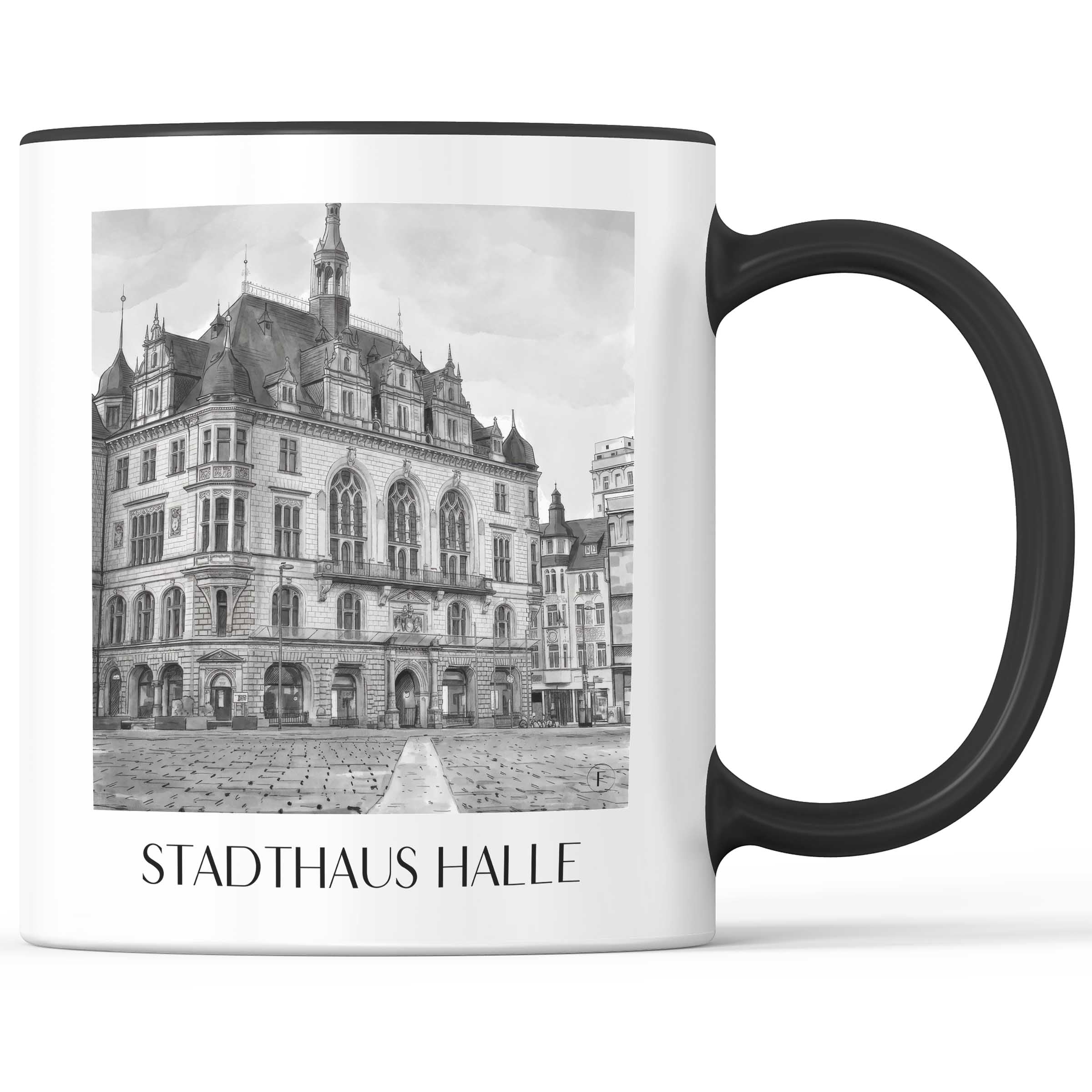 stadthaus-halle-deutschland-kaffeebecher-aquarell-schwarz-weiss