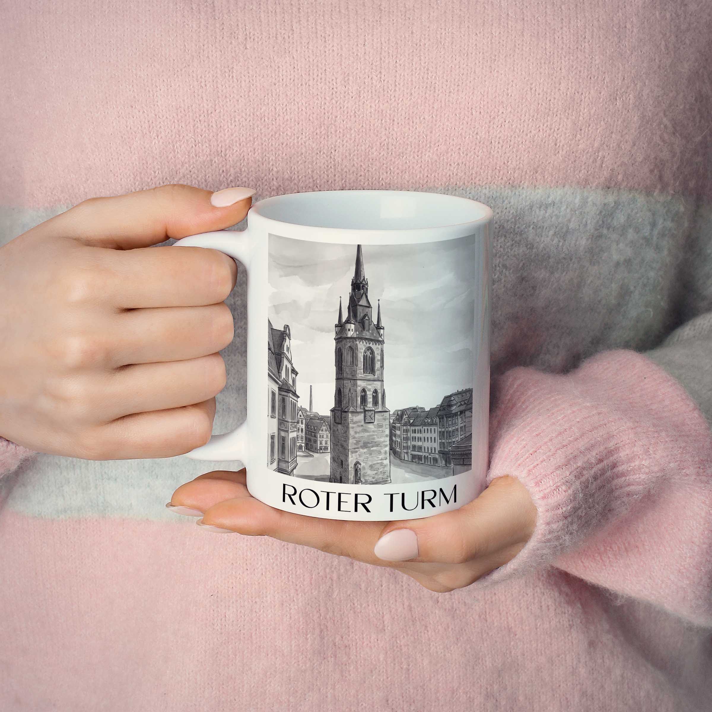 roter-turm-halle-deutschland-kaffeebecher-aquarell-schwarz-weiss