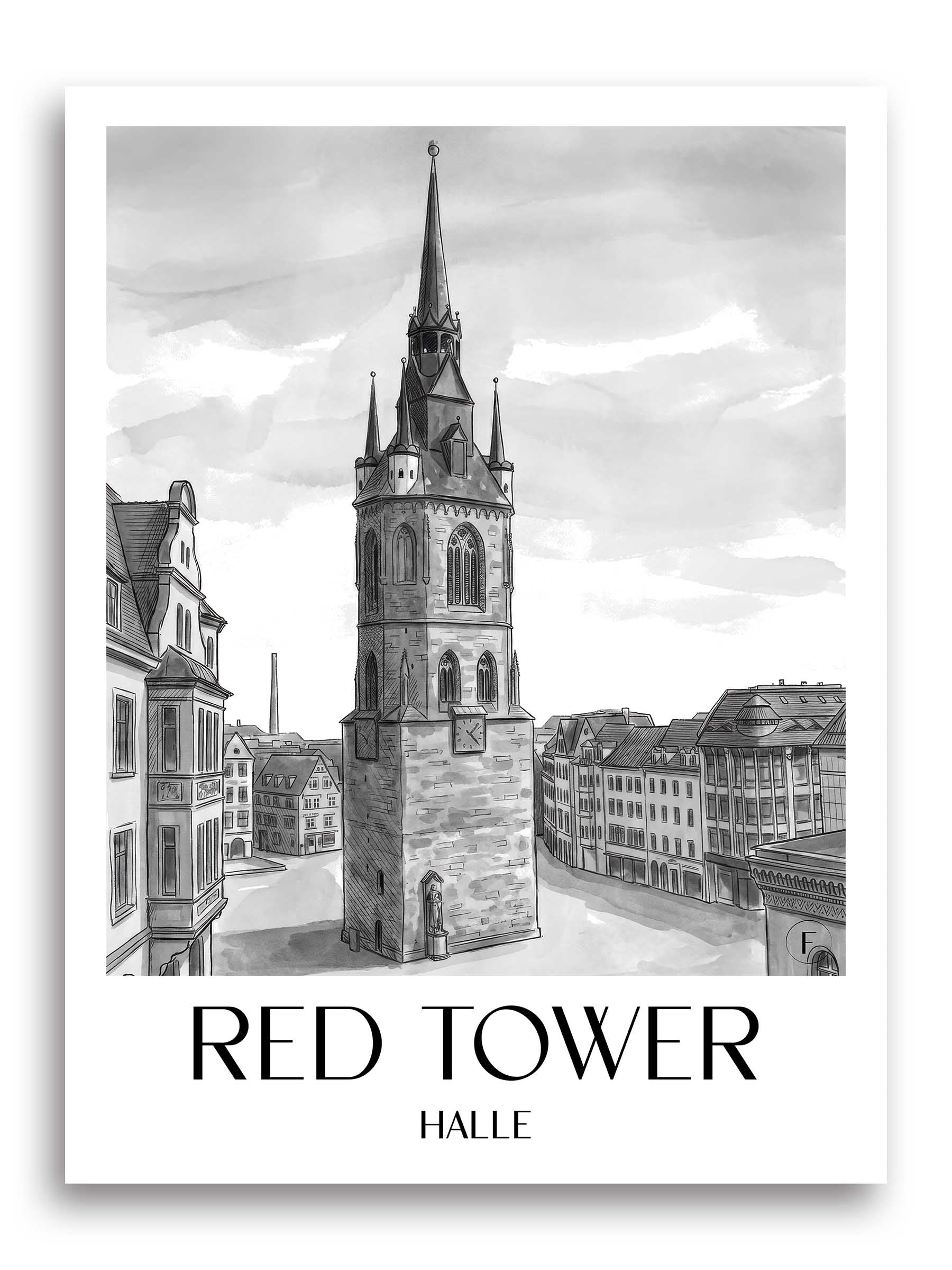 Red Tower Poster - Halle - Germany Art Print - Watercolor Black and White from A4 to A1