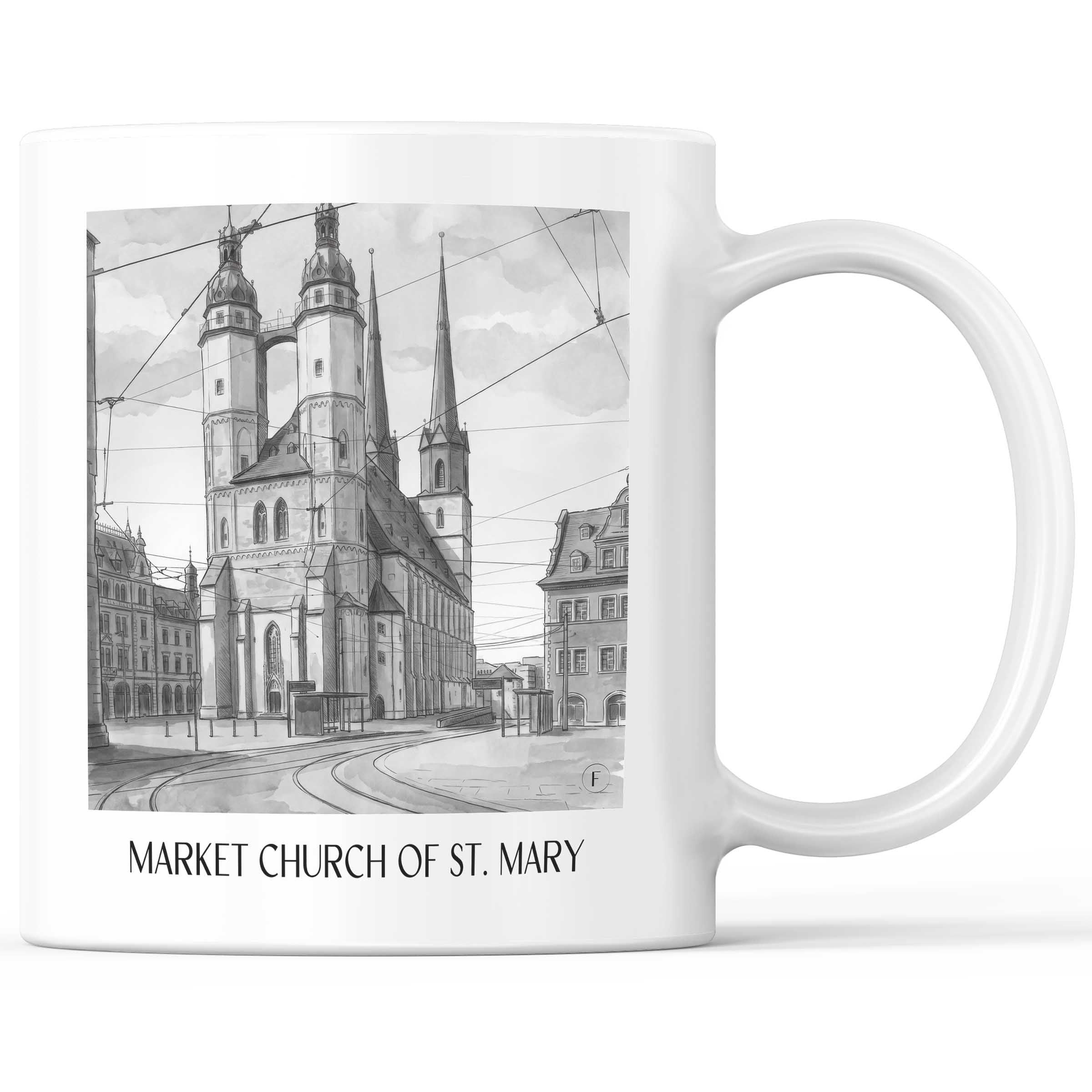 Marktkirche St. Marien Kaffeebecher - Halle - Deutschland Becher - Kaffeetasse im Aquarell Schwarz-Weiß Stil