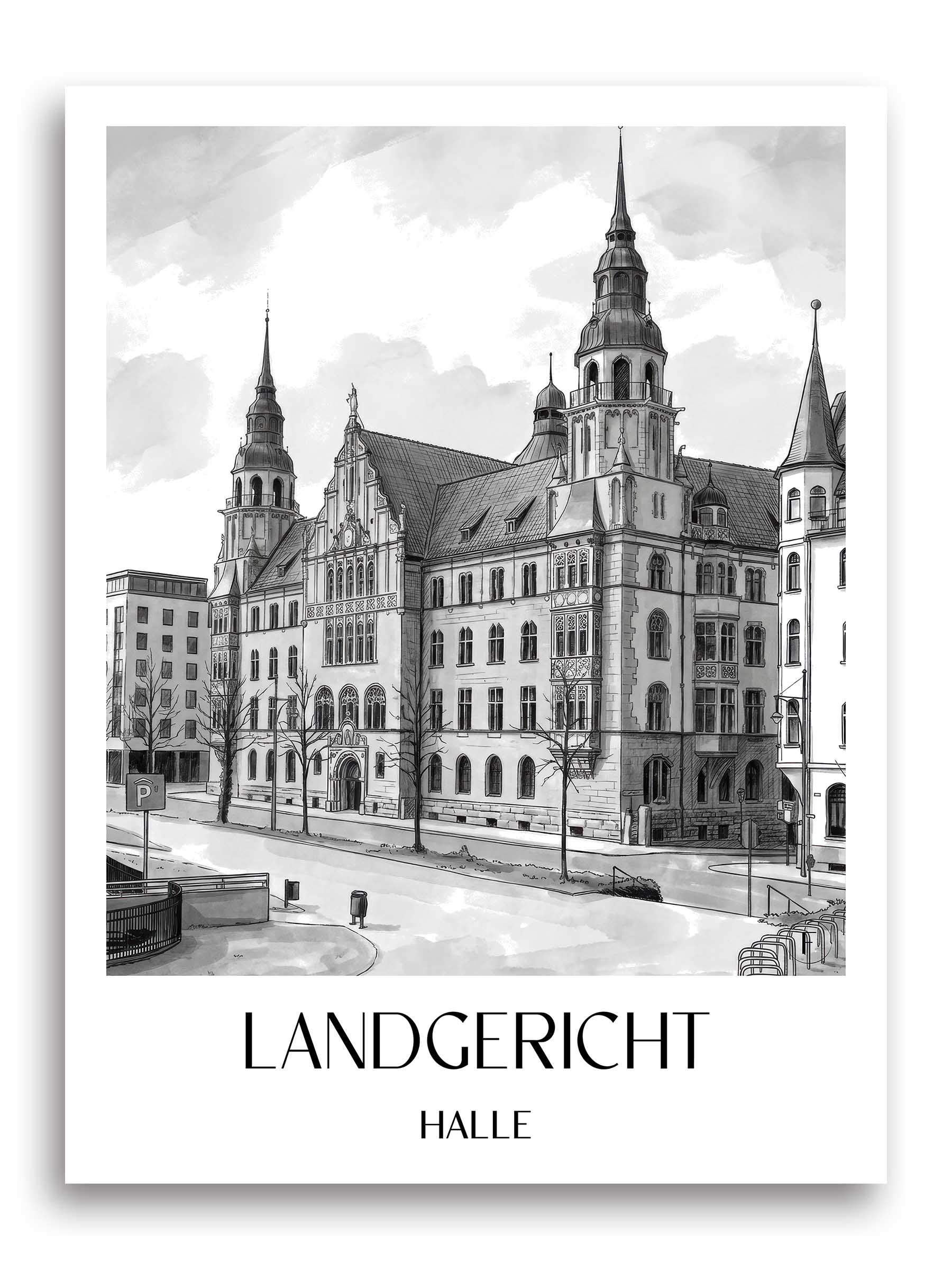 landgericht-halle-deutschland-poster-aquarell-schwarz-weiss