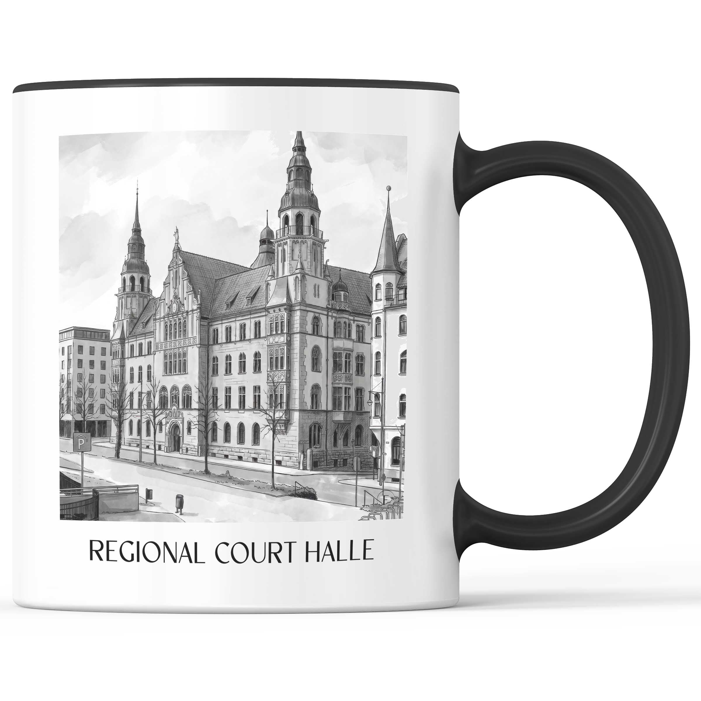 Landgericht Kaffeebecher - Halle - Deutschland Becher - Kaffeetasse im Aquarell Schwarz-Weiß Stil