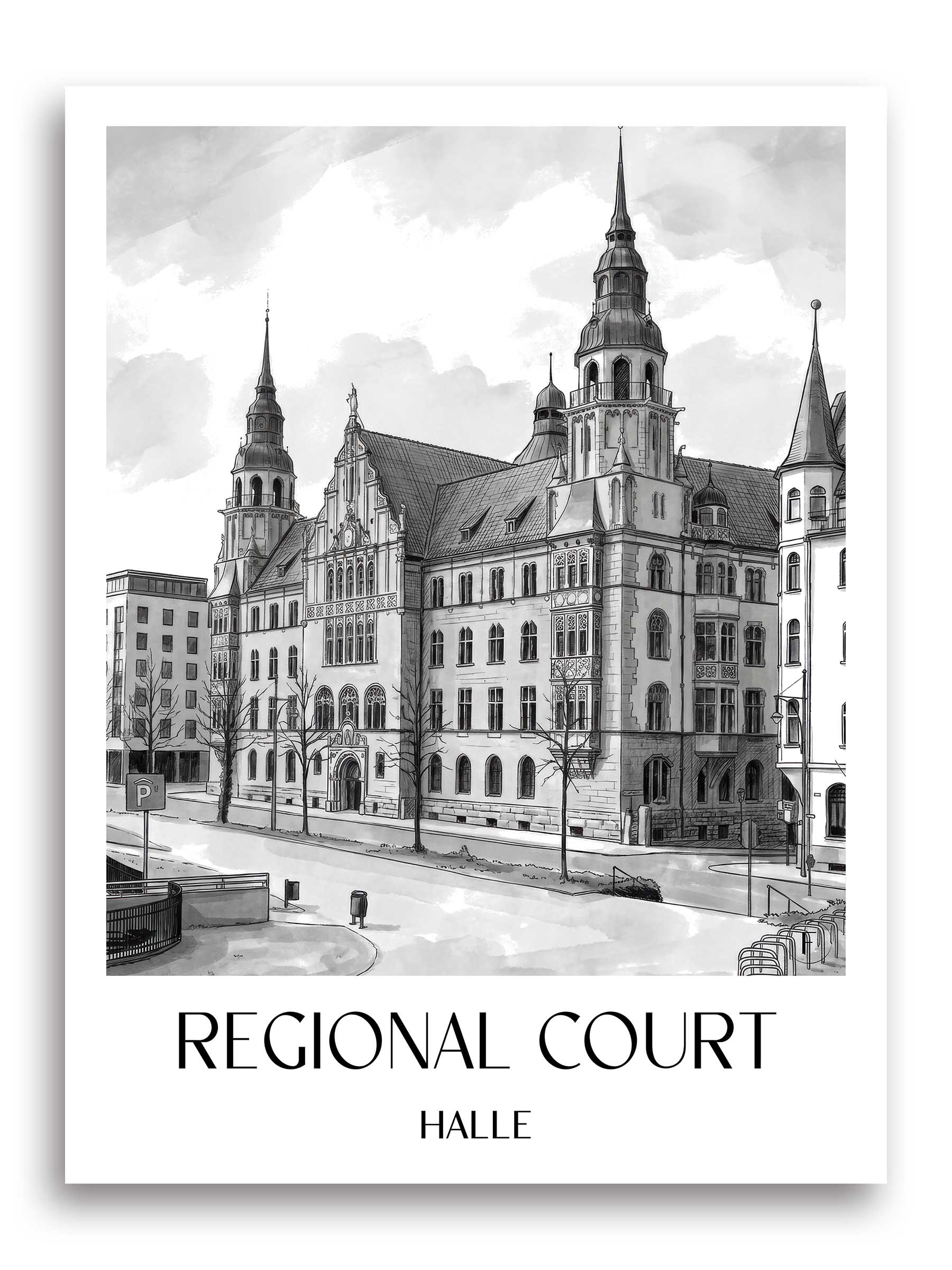 Landgericht Poster - Halle - Deutschland Kunstdruck - Aquarell Schwarz-Weiß von A4 bis A1