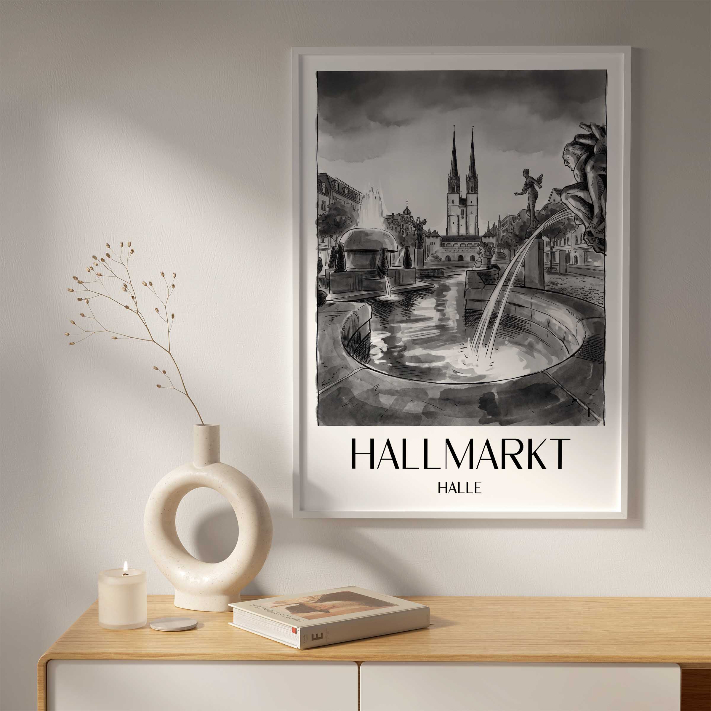 hallmarkt-halle-deutschland-poster-aquarell-schwarz-weiss