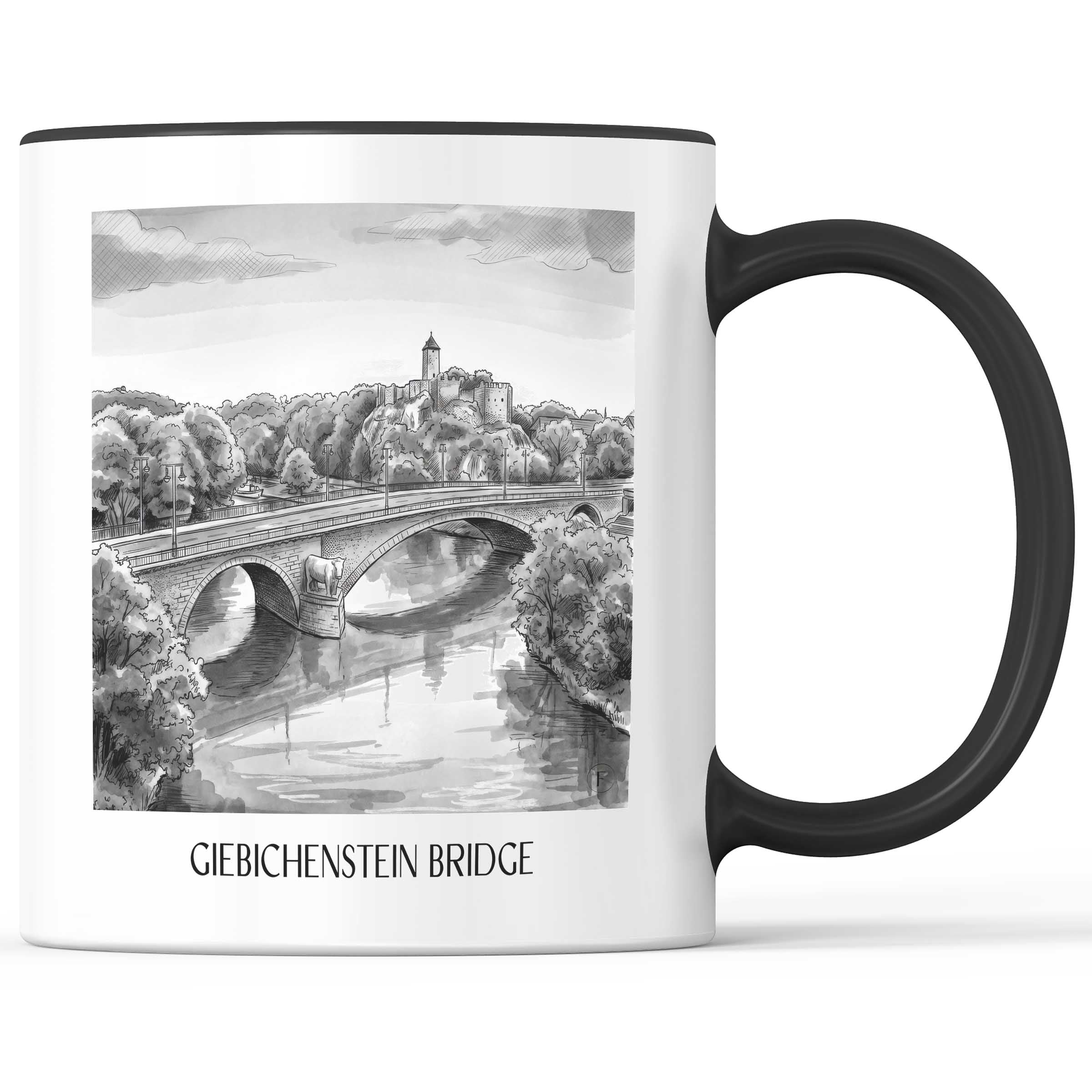 Giebichensteinbrücke Kaffeebecher - Halle - Deutschland Becher - Kaffeetasse im Aquarell Schwarz-Weiß Stil