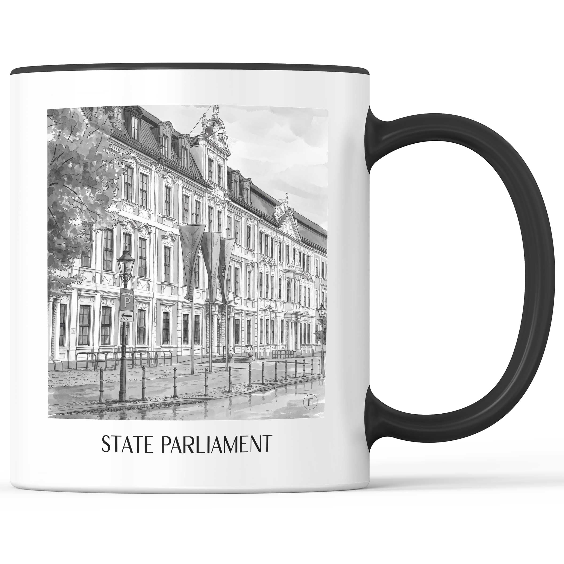 Landtag Kaffeebecher - Magdeburg - Deutschland Becher - Kaffeetasse im Aquarell Schwarz-Weiß Stil