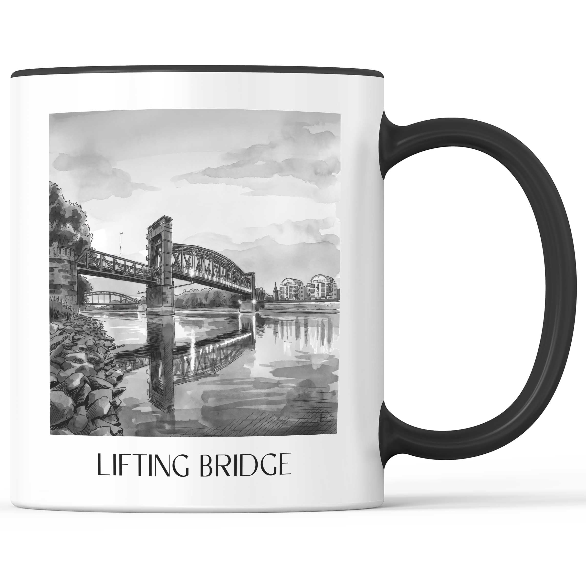 Hubbrücke Kaffeebecher - Magdeburg - Deutschland Becher - Kaffeetasse im Aquarell Schwarz-Weiß Stil