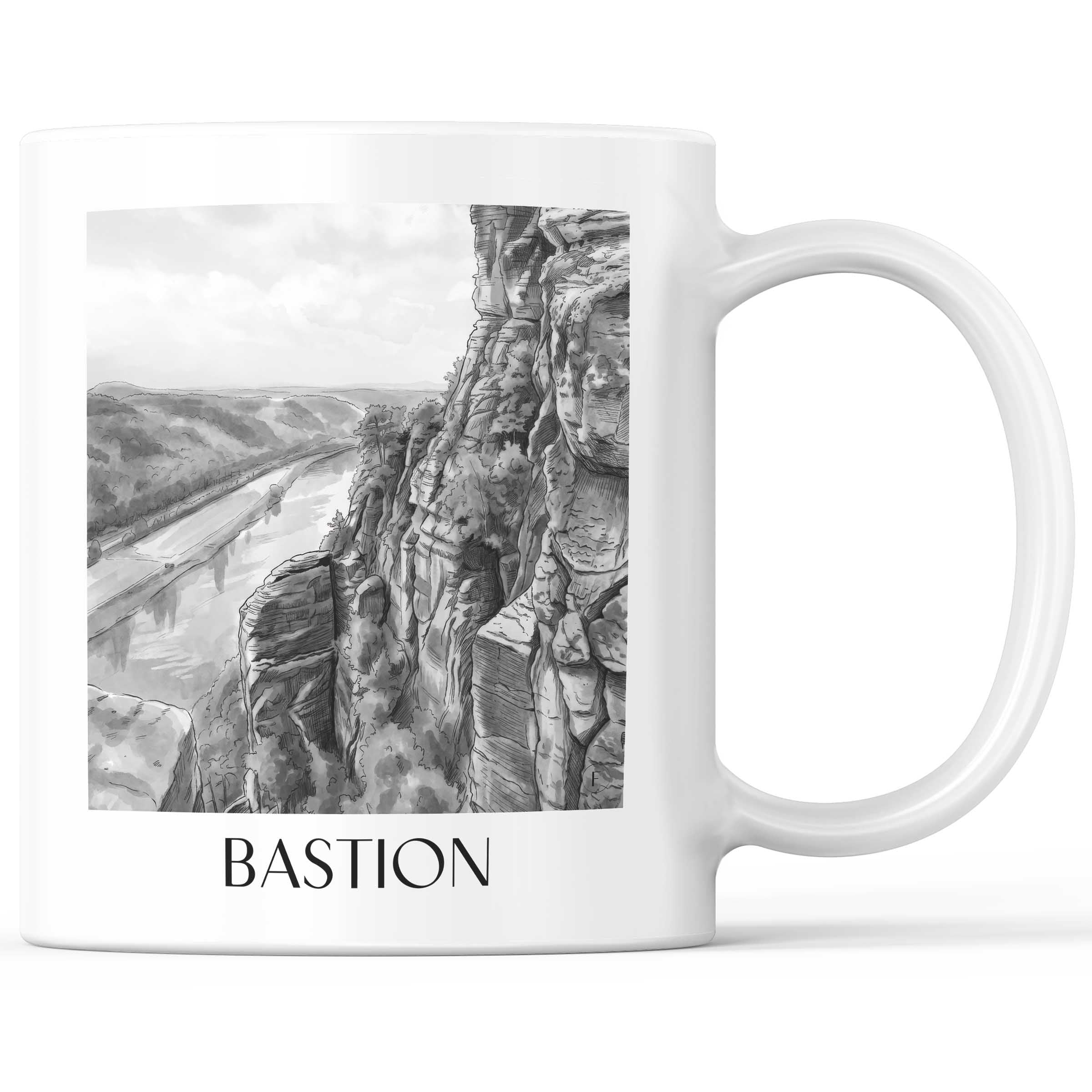 Bastei Kaffeebecher - Sächsische Schweiz - Deutschland Becher - Kaffeetasse im Aquarell Schwarz-Weiß Stil