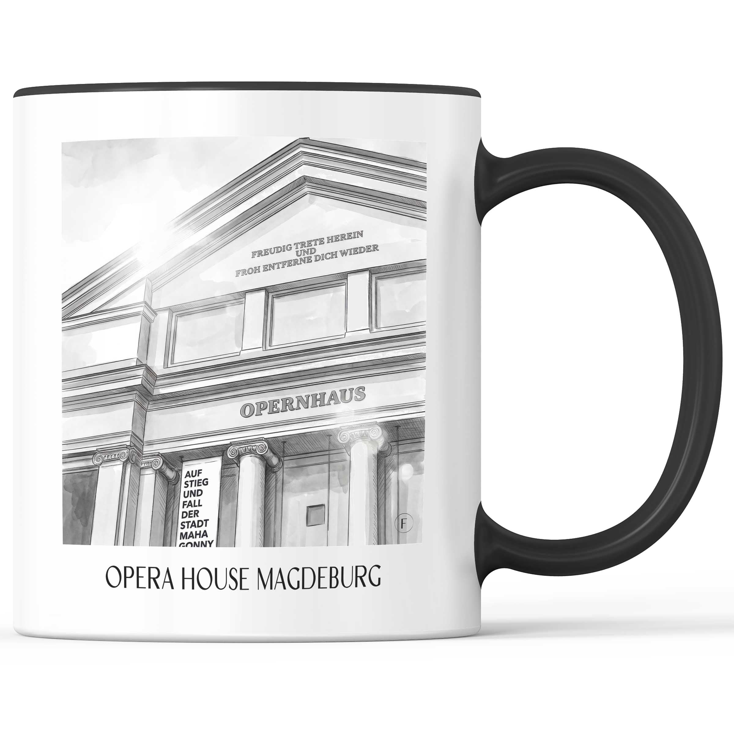 Opernhaus Kaffeebecher - Magdeburg - Deutschland Becher - Kaffeetasse im Aquarell Schwarz-Weiß Stil