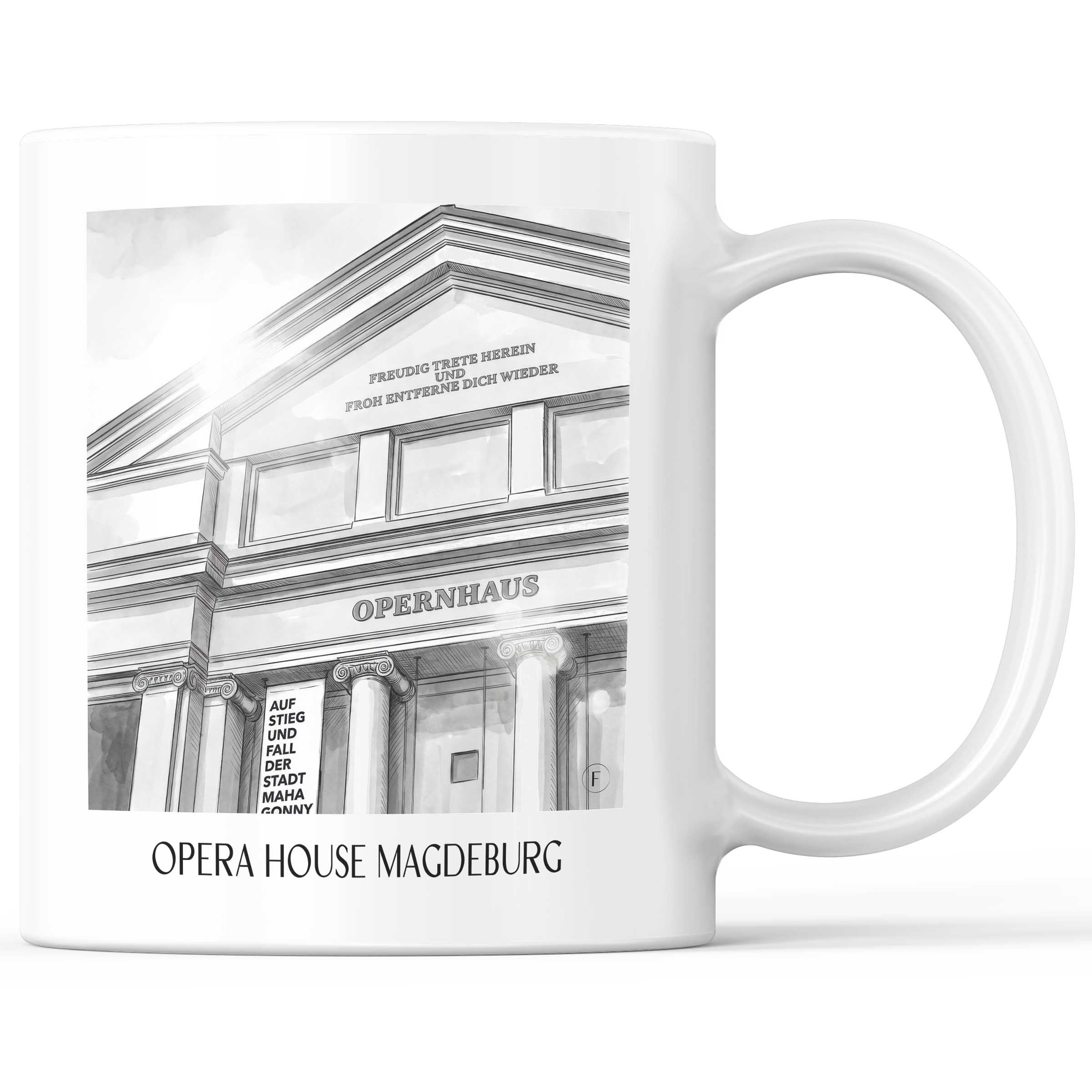 Opernhaus Kaffeebecher - Magdeburg - Deutschland Becher - Kaffeetasse im Aquarell Schwarz-Weiß Stil