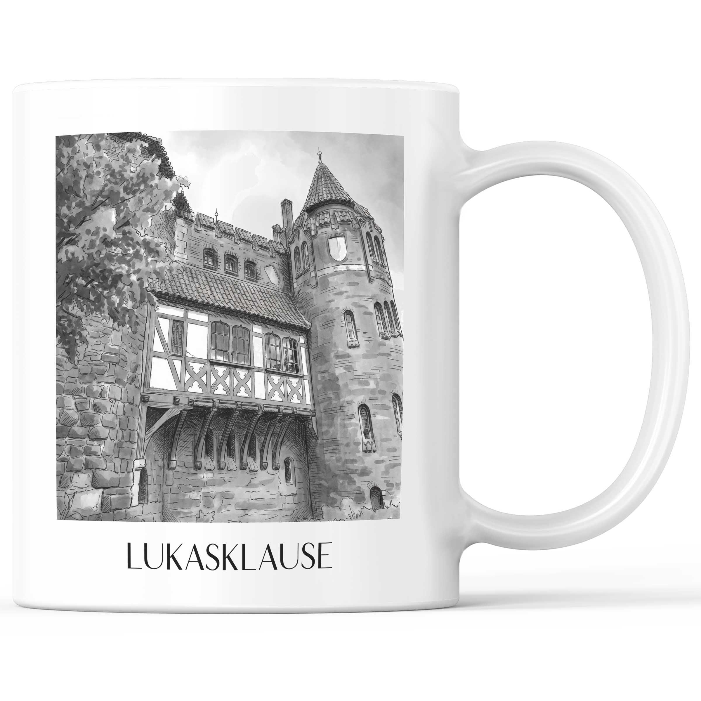 Lukasklause Kaffeebecher - Magdeburg - Deutschland Becher - Kaffeetasse im Aquarell Schwarz-Weiß Stil