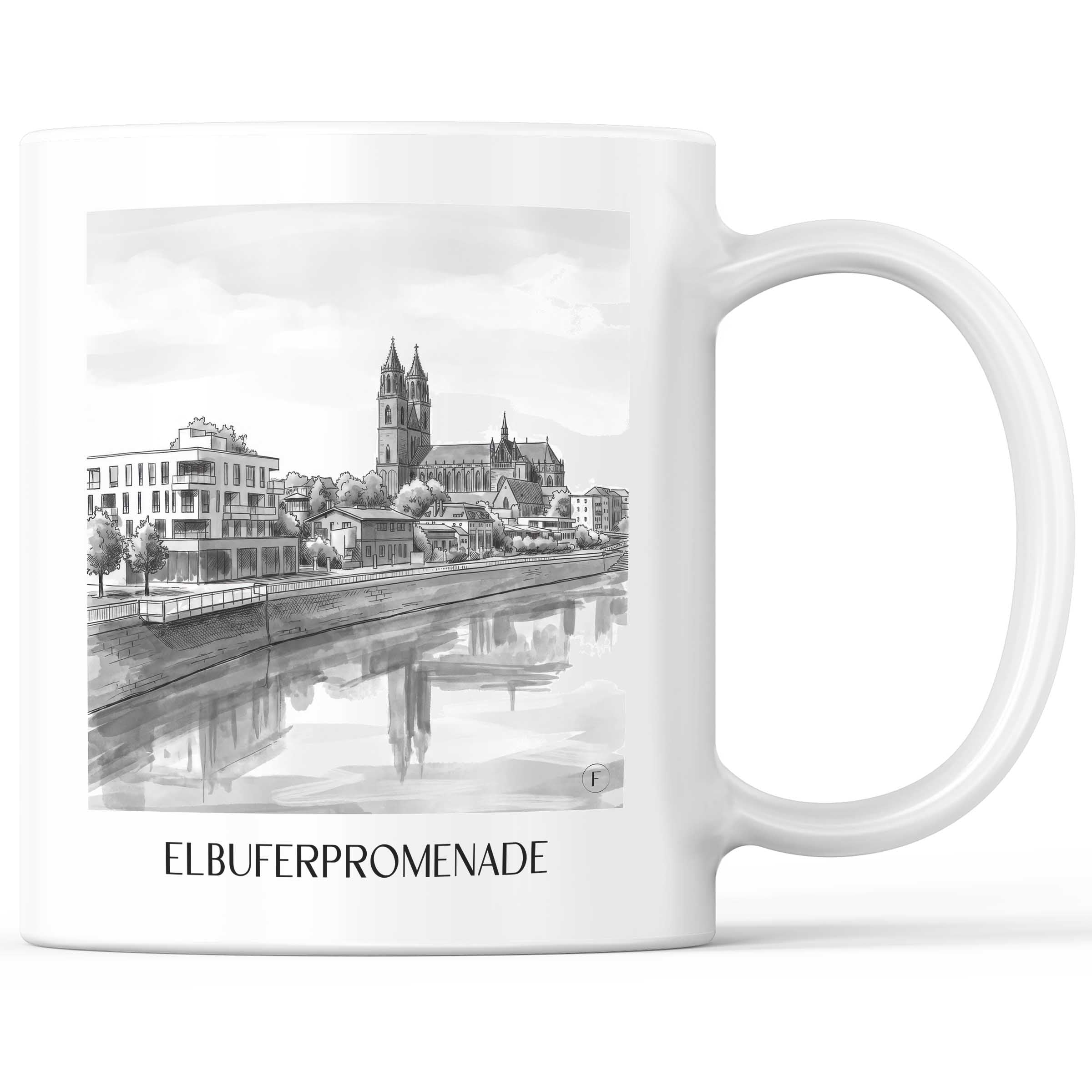 elbuferpromenade-magdeburg-deutschland-kaffeebecher-aquarell-schwarz-weiss
