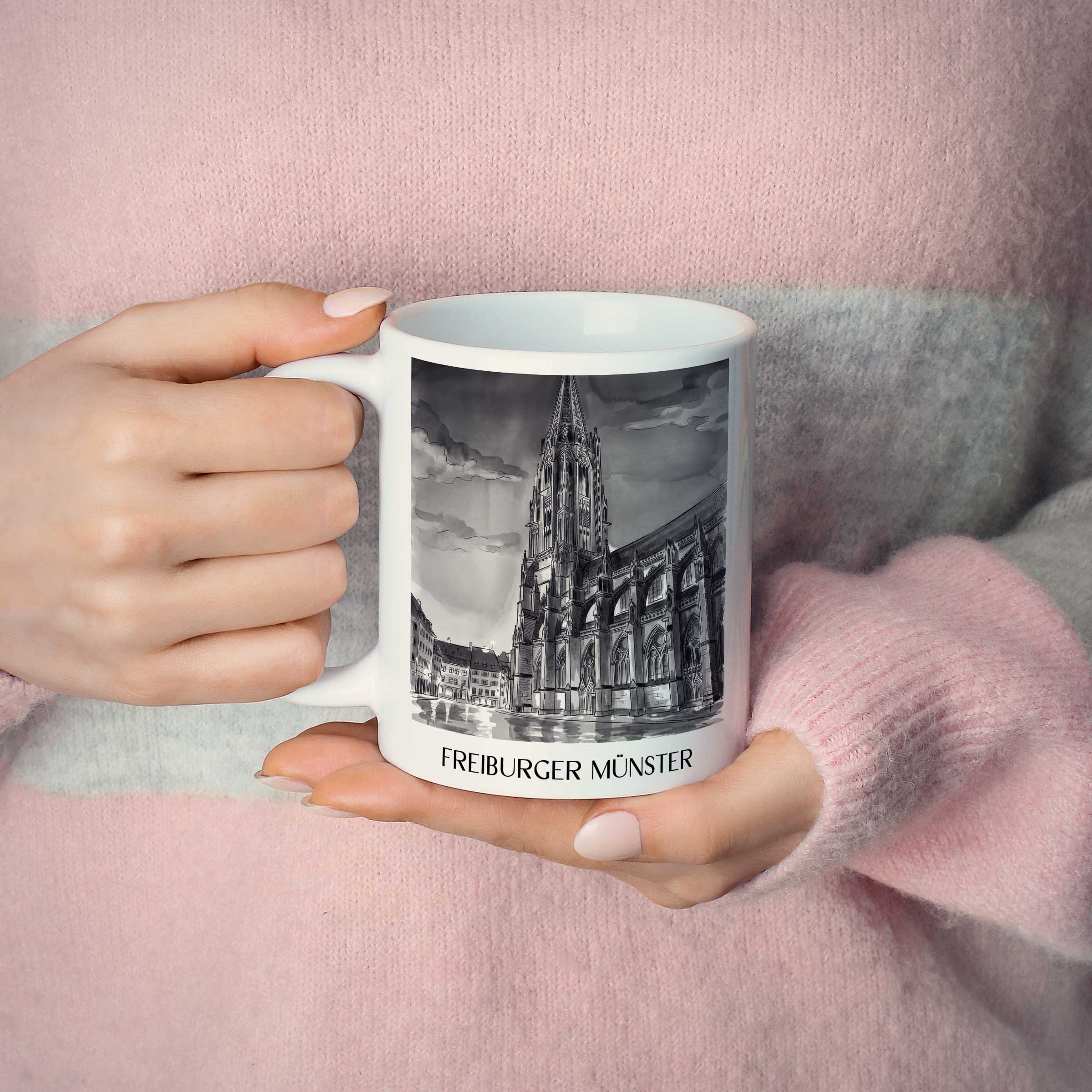 freiburger-münster-schwarzwald-deutschland-kaffeebecher-aquarell-schwarz-weiss